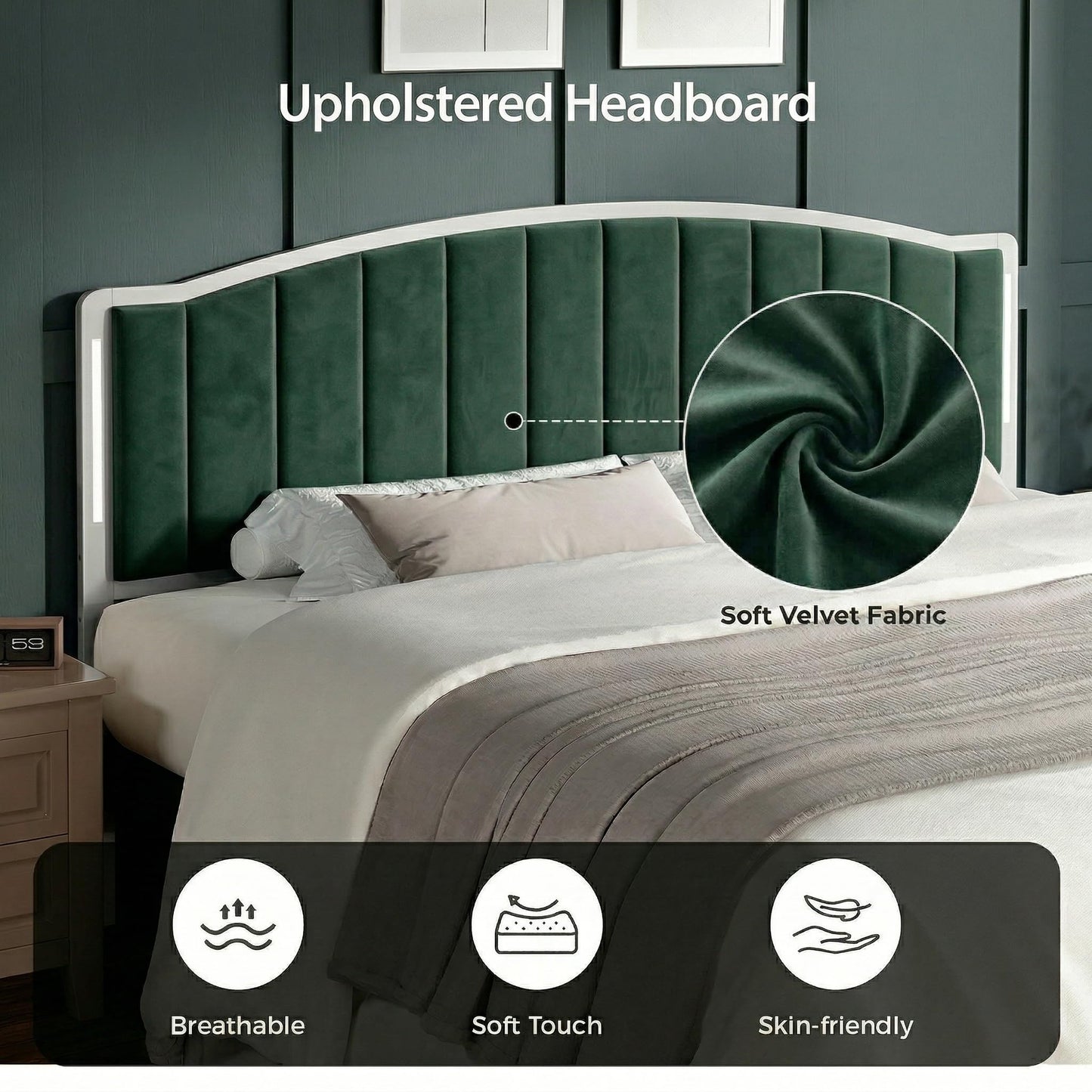 Salamir Headboard for Queen Size Bed with LED Lights, Upholstered Vertical Channel Tufting Head Boards, Velvet Headboard Only, Attach Frame, Ideal for Bedroom, Dorm, Guest Room, Green