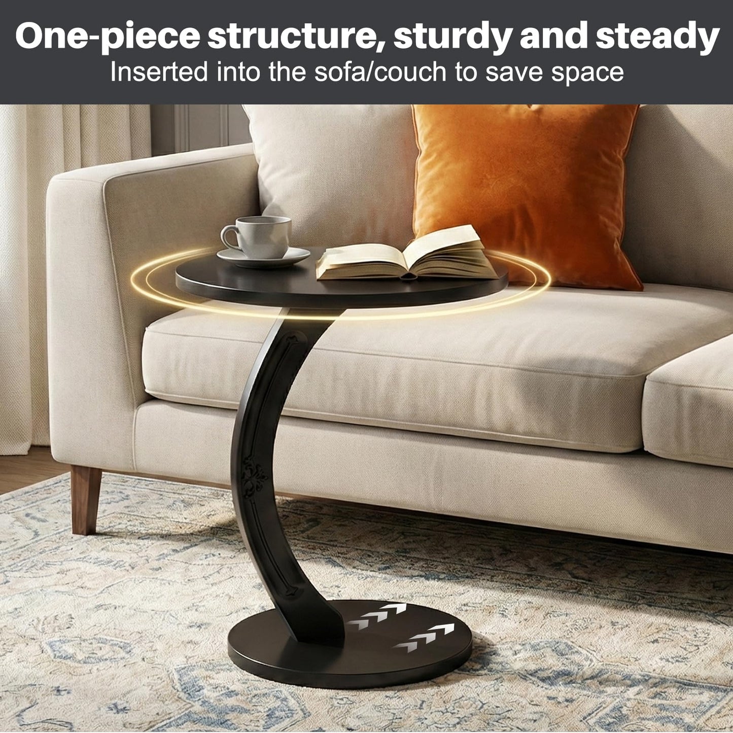 PlushVibes Round C-Shaped End Table - Small C Shaped Side Table for Couch/Sofa, Solid Wood Couch Tables that Slide Under Beside, Space Saving Tables Tray for Living Room, Bedroom, Small Space (Black)