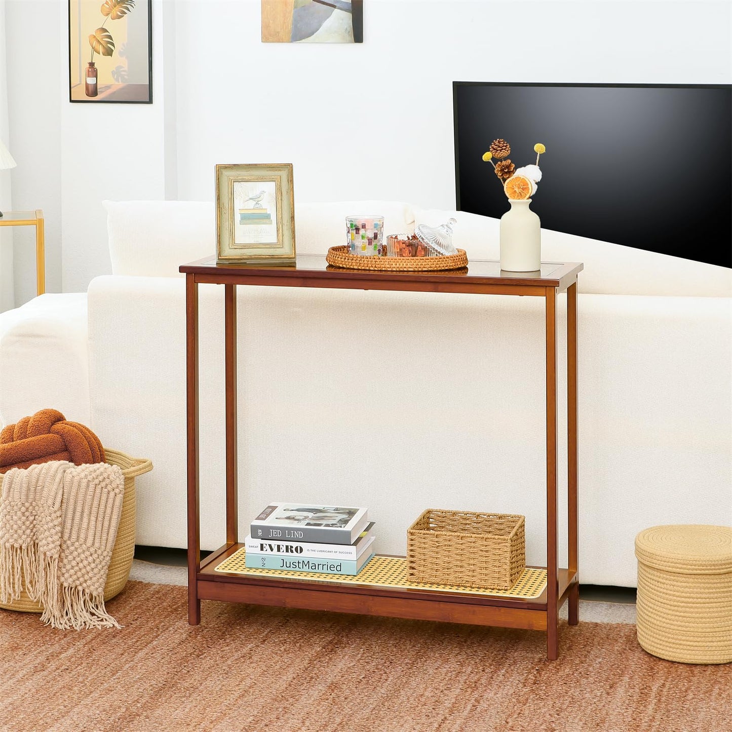 Mordchil HF Bamboo Narrow Console Table, 31.5"(L) Wood Small Entryway Table with Rattan and Glass, Accent Slim Hallway Tables, Thin Sofa Side Tables for Hallway, Living Room, Bedroom, Foyer, Walnut