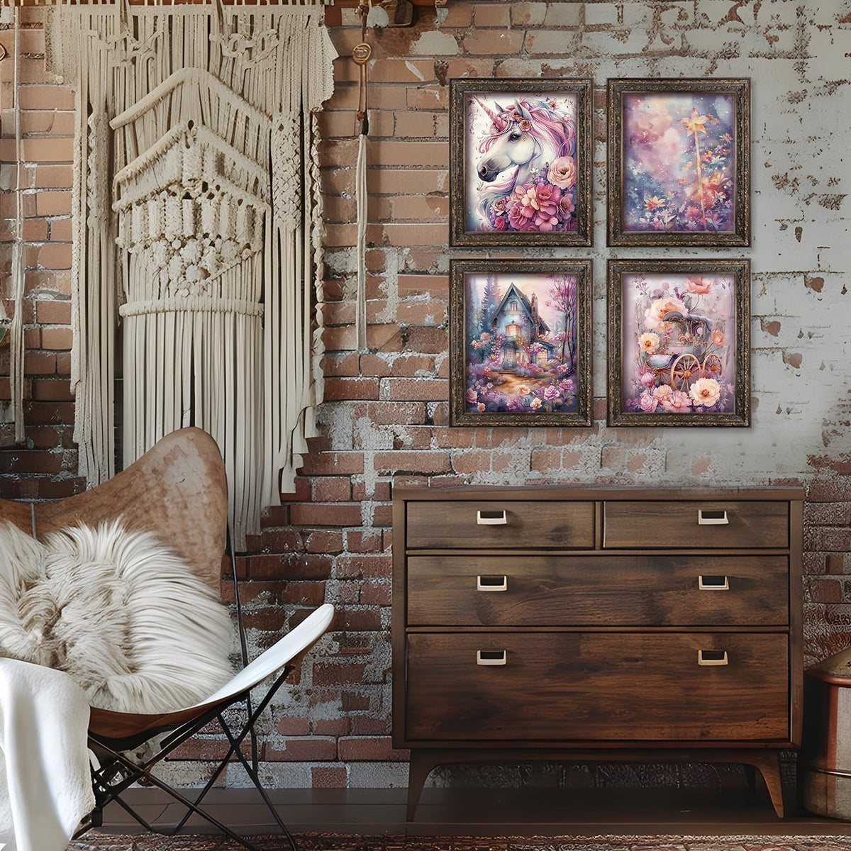 Locomiss Enchanted Forest Fantasy Horse Floral Wall Art Decor, Whimsical Mystical Fairytale Carriage Prints Posters for Girl Nursery Toddler Girls Room Bedroom Wall Decor, Set of 4, 8x10 Unframed