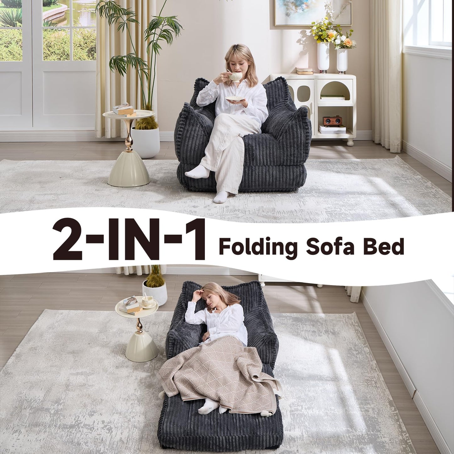 Manyday Convertible Sofa Bed, 2 in 1 Folding Sleeper Sofa to Lounger Comfy Single Bean Bag Chair for Adults, Floor Couch with Handle, Corduroy Couch Bed for Living Room Bedroom, Gray