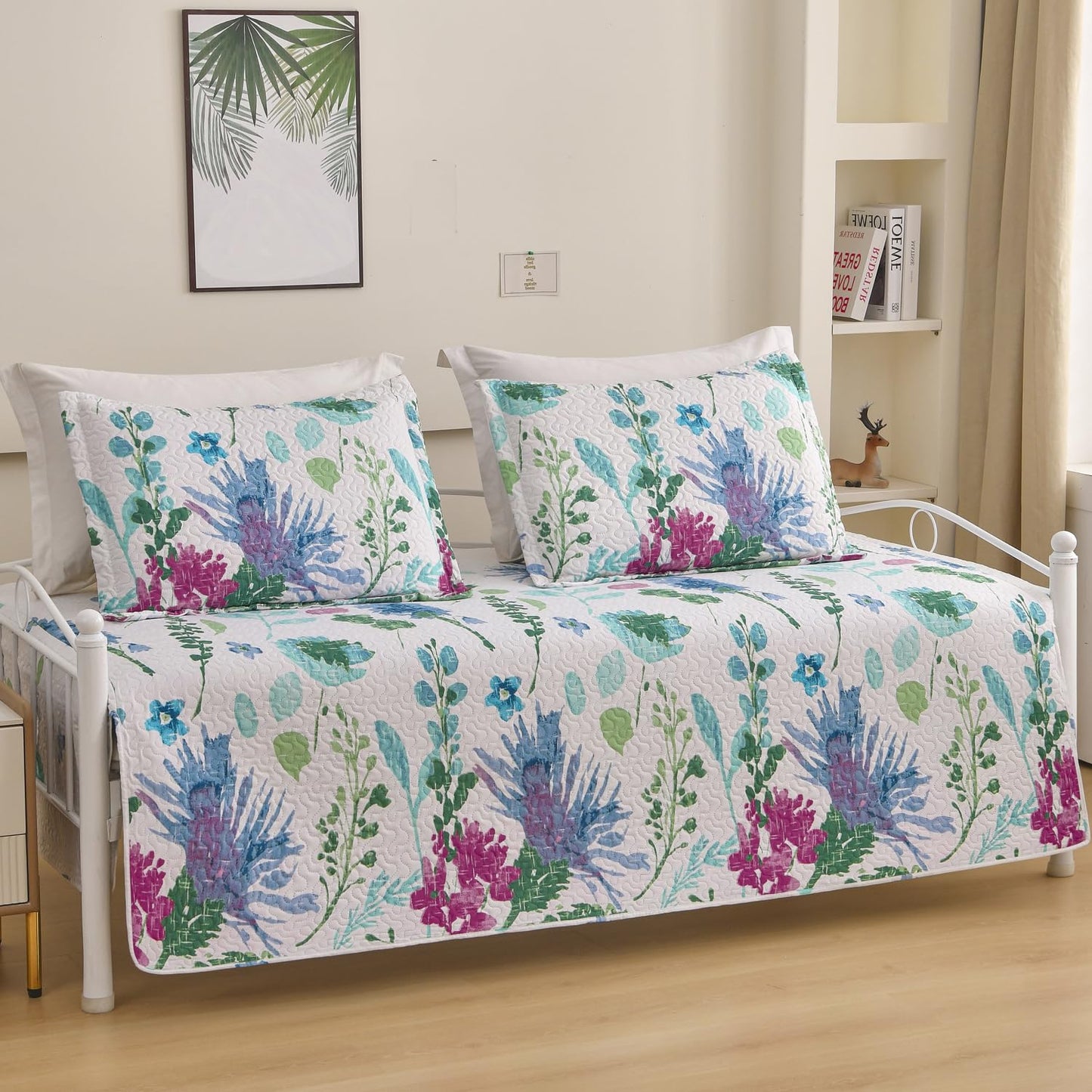 Jarson 3 Pcs Floral Daybed Cover Set Twin Size Purple Green White Flower Sofa Cover Bedding Sets Double Side Bed Set for All Season Botanical Pattern Daybed Quilt Set with Pillow Shams