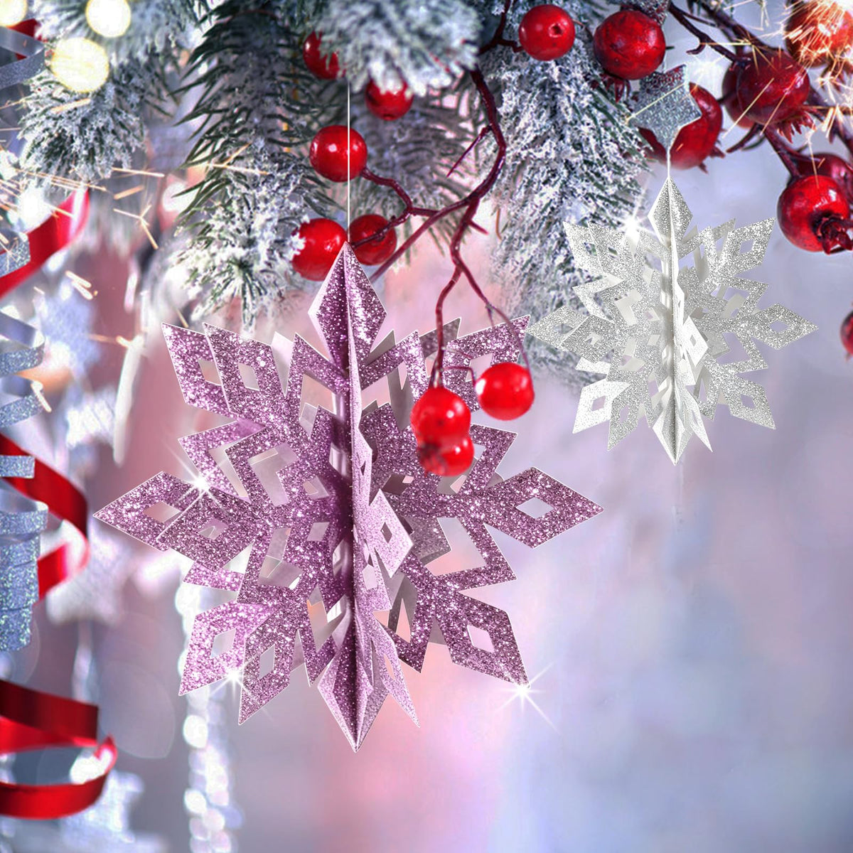 Christmas Hanging Snowflakes Decorations, 15pcs 3D Glitter Purple Silver Paper Snowflakes Snow Flakes Garland for Winter Wonderland Frozen Christmas Birthday Party Decorations