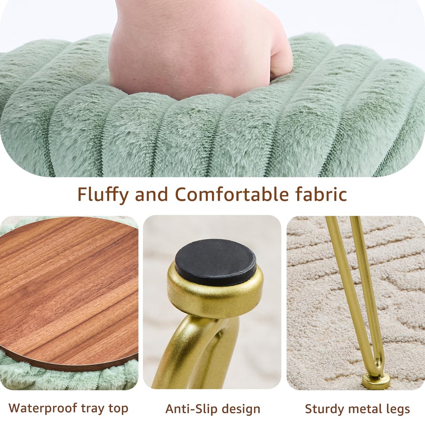 Wimarsbon Vanity Stool with Storage, Faux Fur Ottoman Chair with Metal Legs, Round Makeup Vanity Chair for Bedroom or Dressing Table, Modern Small Ottoman Seat (Green)