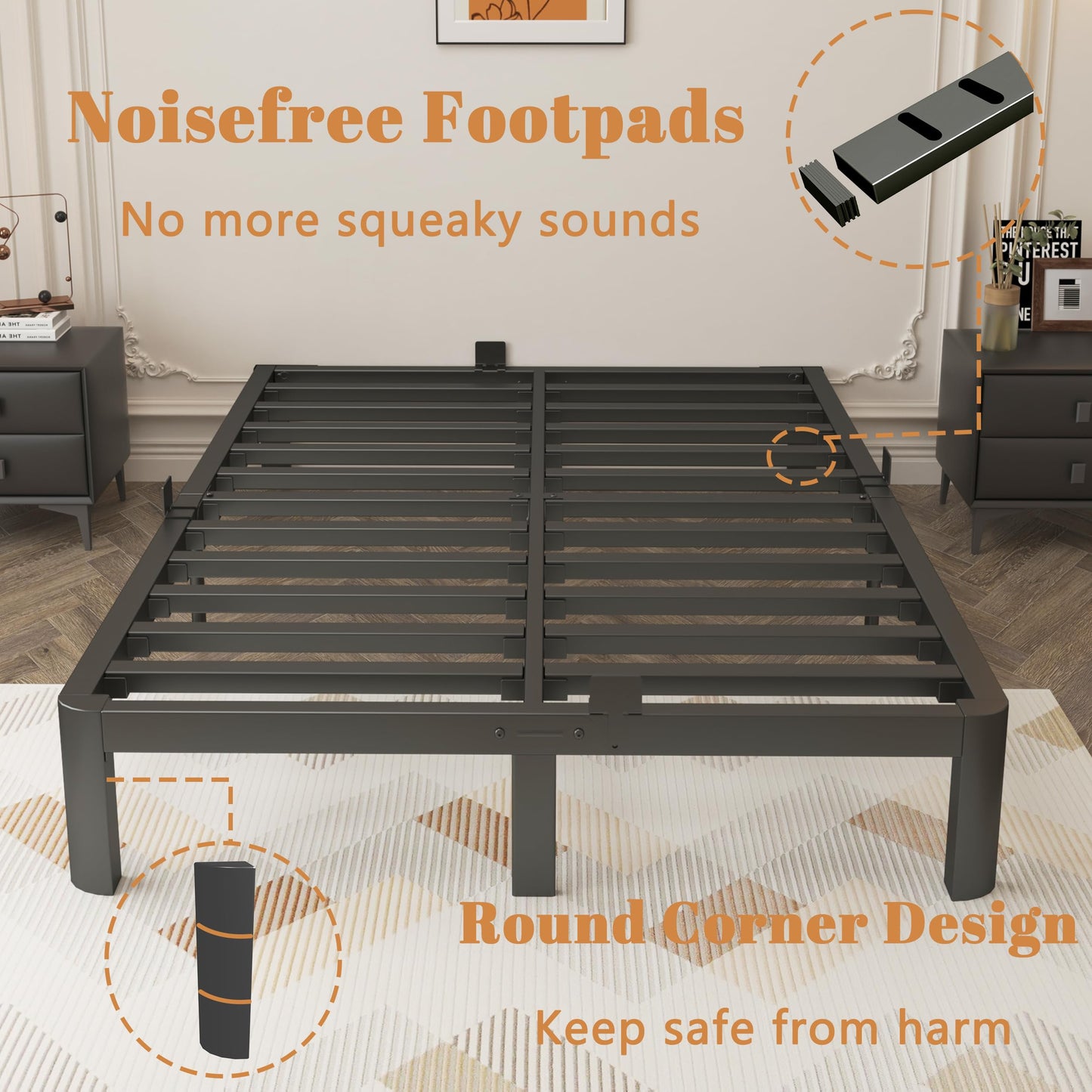 KOSOSO 10 Inch Full Size Bed Frame, Black Bed Frame Full with Metal Gaskets, No Box Spring Needed, Rounded Corner Design, Heavy Duty Steel Platform Support, Reserved Holes, Storage Space, Noiseless