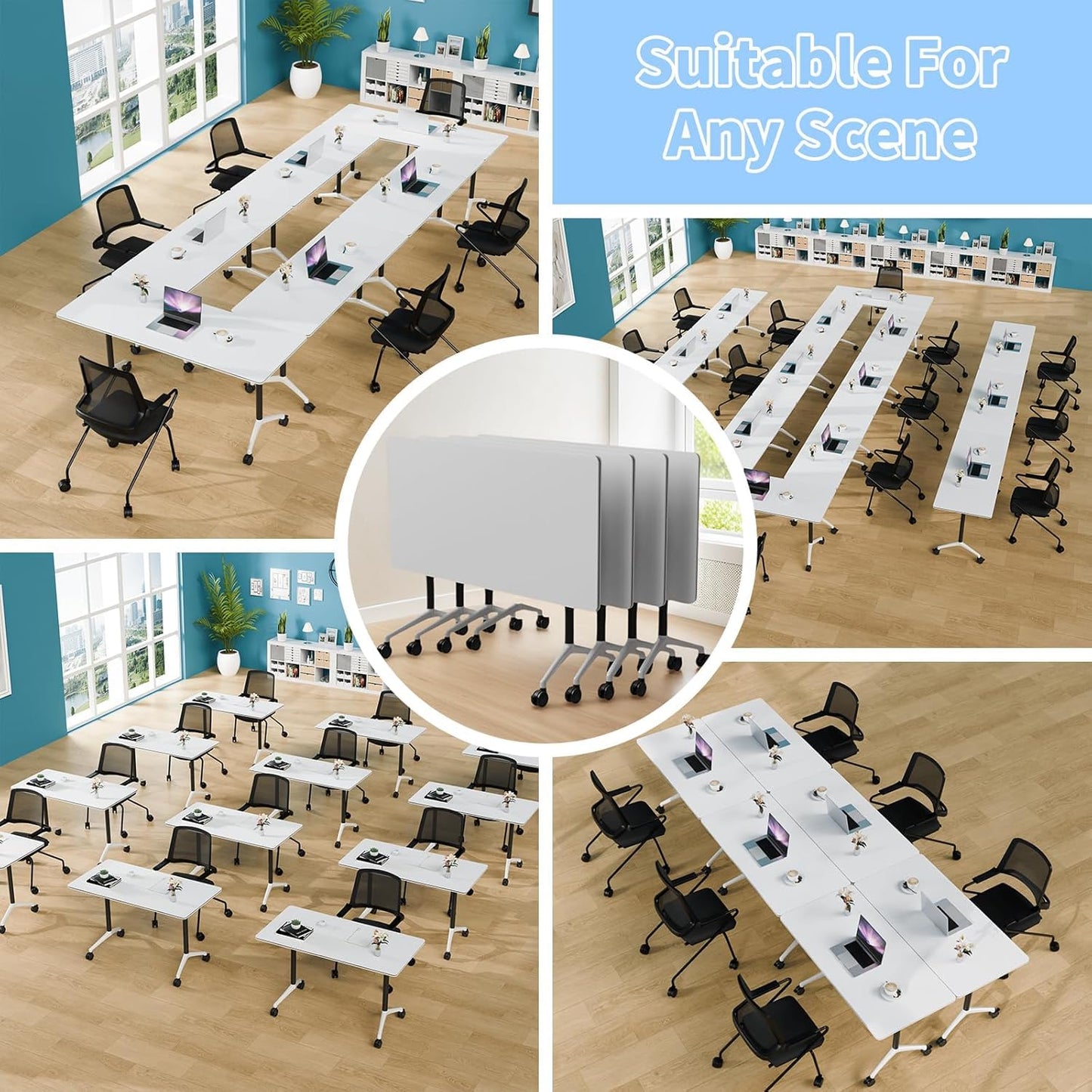 NOXMIZ Conference Room Table, Folding Conference Tables with Wheels, Modern Office Meeting Room Table with Strong Metal Frame, Large Business Seminar Furniture for Boardroom, School (6Pack 55.1in)