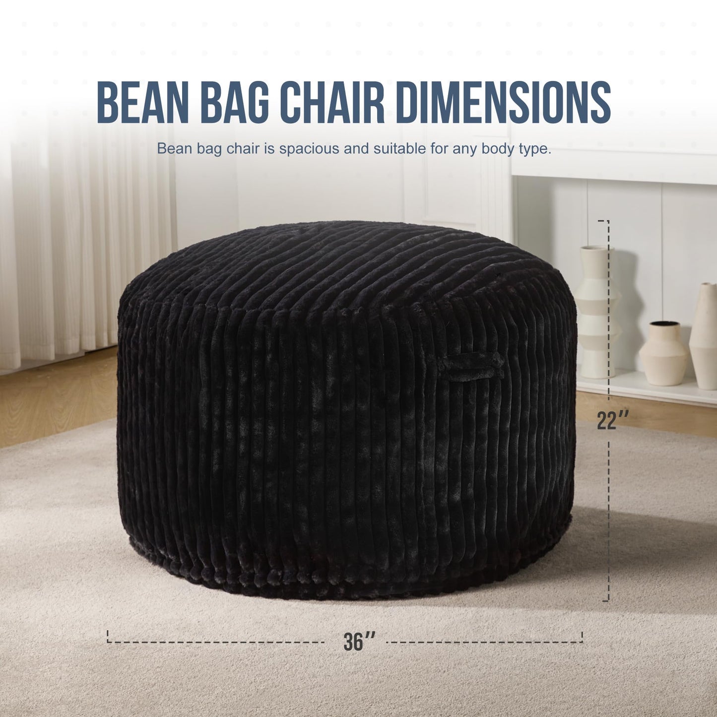 Hobestluk 3ft Bean Bag Chairs for Adults Large Beanbag Chair with Stripe Plush Cover Big Bean Bag Chair for Living Room Bedroom Dorm Office - Black (36” x 36” x 22”)