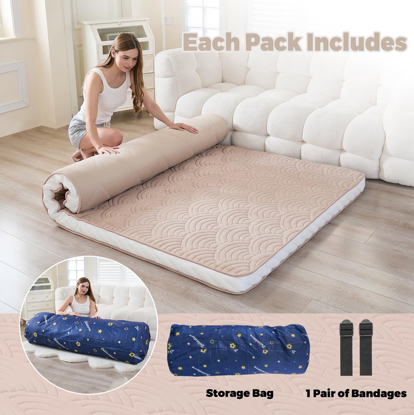 Zelladorra Japanese Floor Mattress, Quilted Futon Mattress with Anti-Slip Bottom, Foldable Floor Bed with Storage Bag and Straps, (Beige, Queen)