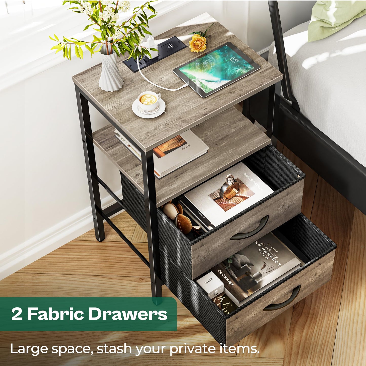 Huuger Nightstand with Charging Station, Fabric Drawers, End Table with Open Shelf, Bedside Table with USB Ports and Outlets, Night Stand for Bedroom, Oak