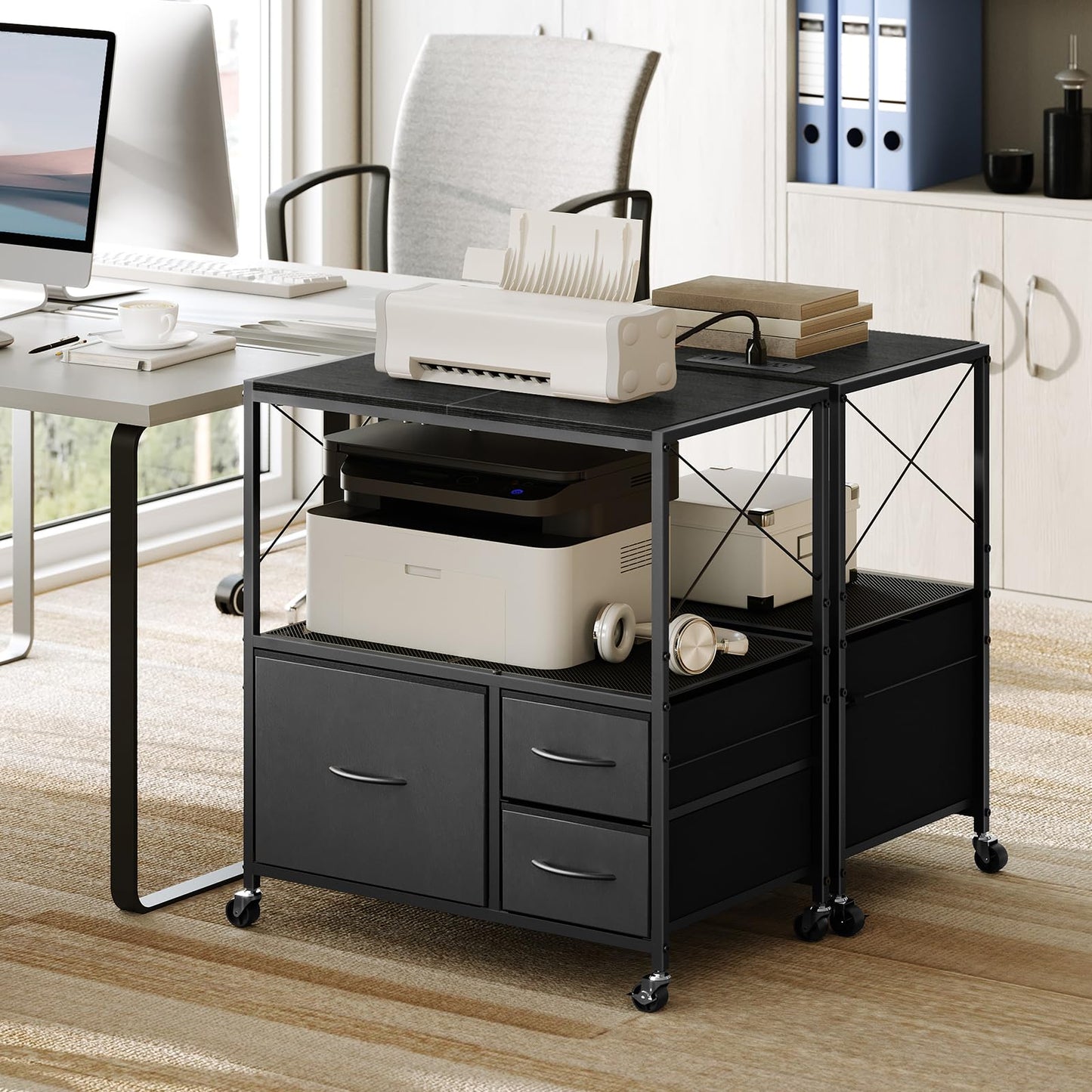 MAHANCRIS File Cabinet with Charging Station, 3 Drawer Lateral Filing Cabinet for Home Office, Mobile Printer Stand with Open Shelf, Fits A4/Letter Size File, Nonwovens Drawer, Black FCHB98E01