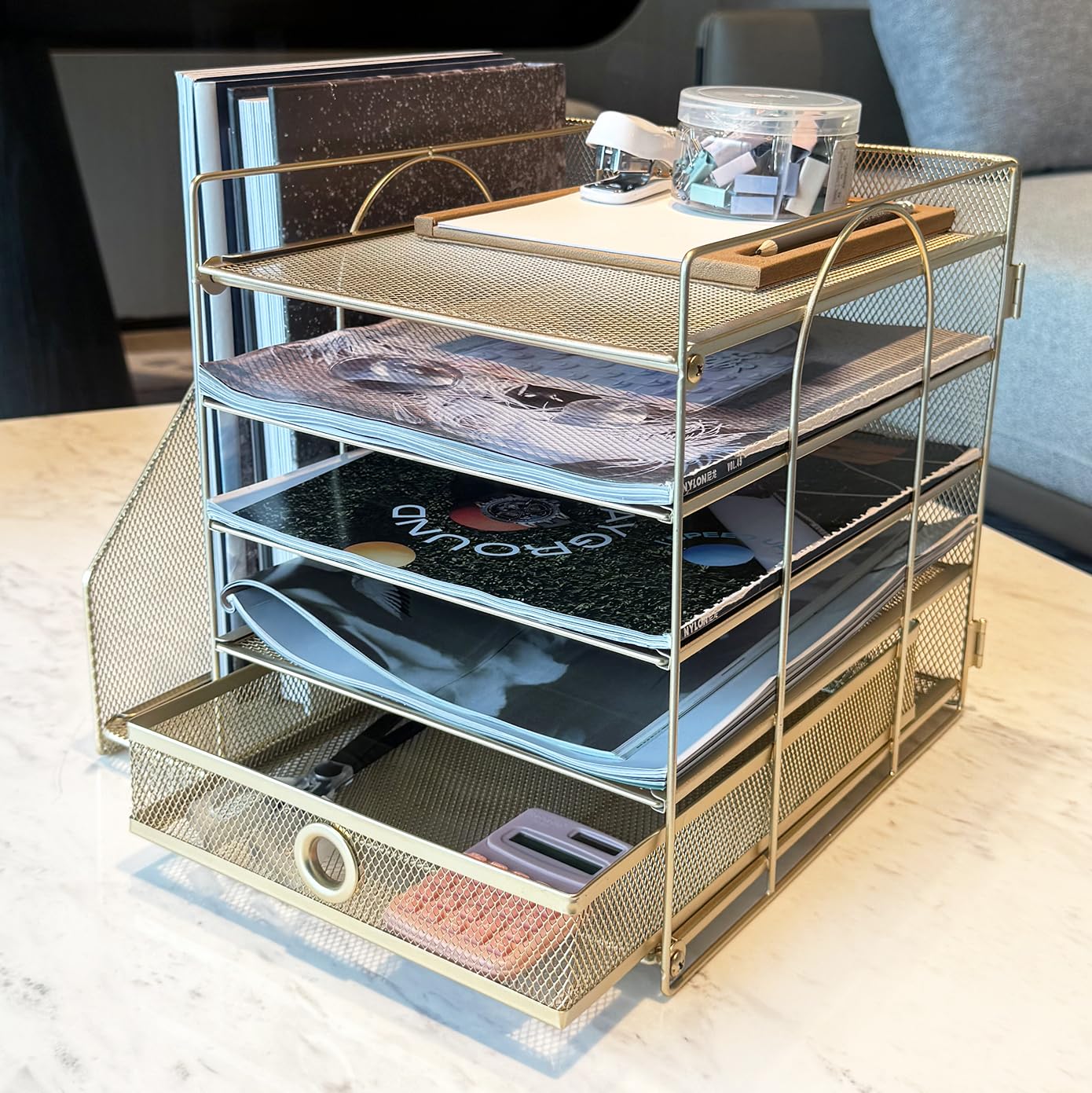 5-Tier Paper Letter Organizer with File Holder, Desk Organizer with Drawer, Mesh Desktop Storage with Magazine Holder for Office Supplies (Golden)