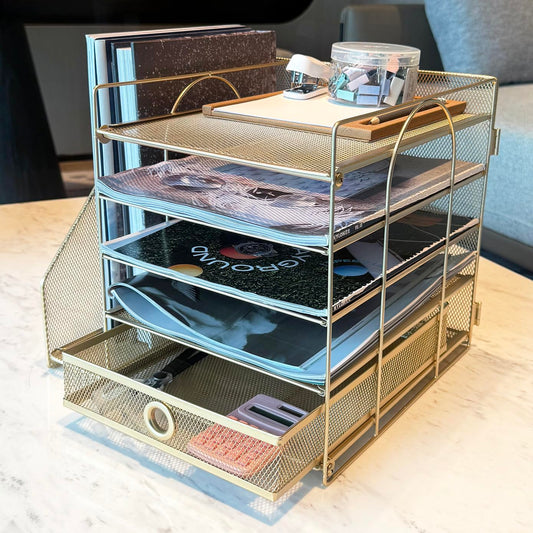 5-Tier Paper Letter Organizer with File Holder, Desk Organizer with Drawer, Mesh Desktop Storage with Magazine Holder for Office Supplies (Golden)