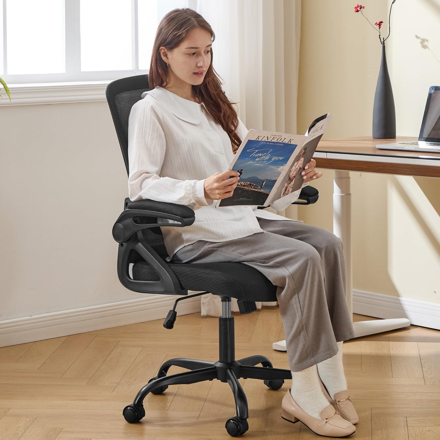 Nexthro Ergonomic Office Chair, Desk Chair with Adjustable Lumbar Support, Breathable Mesh Comfy Computer Chairs with Flip-up Armrests Executive Task Chair for Adults Home Office (4Pcs)