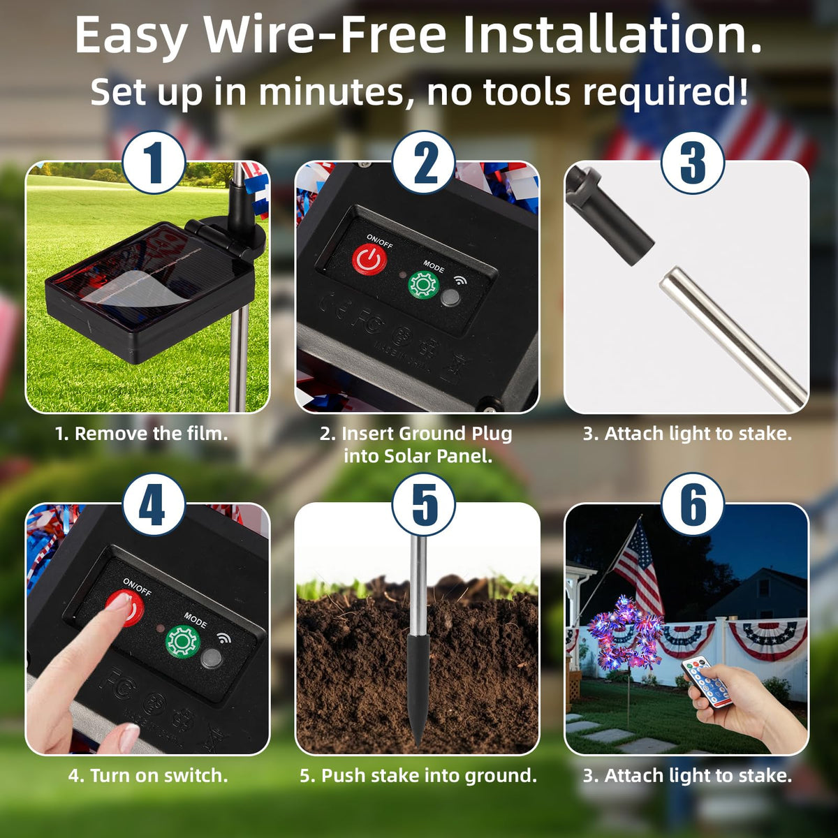 Kaitesla 2 Pack July 4th American Flag Solar American Flag Lights July 4th Solar Patriotic Flag Lights, 8 Modes Garden Pile Lights 50 LED Garden Landscape Lights Street Lights (Red White & Blue)