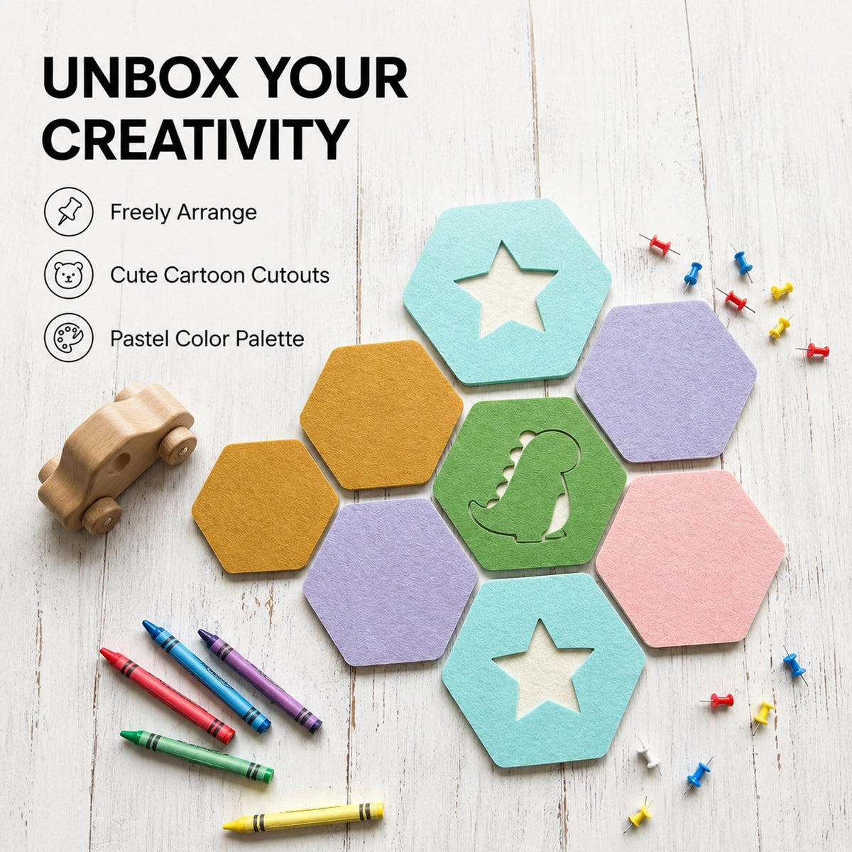 HBK 10 Pack Self Adhesive Felt Bulletin Board Tiles for Wall, 12 Inch Hexagon Pin Board Set with Cute Shapes and Push Pins, Photo Memo Board for Kids Room, Nursery, Classroom, Home Office Decor