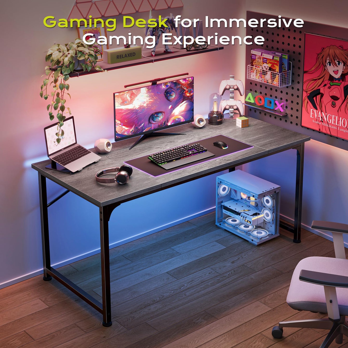 PRAISUN 47 Inch Computer Desk, Home Office Desk with Spacious Desktop, Modern Gaming Desk, Writing Study Table for Bedroom, Small Spaces, Work from Home Desk with Metal Frame, Grey