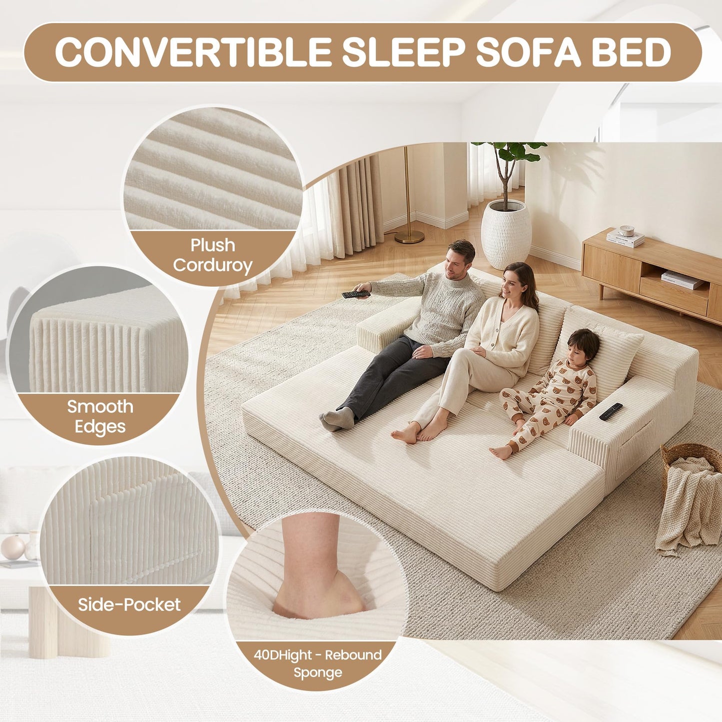 feliz home 78.5” Convertible Sofa Bed,Corduroy 3 Seater Boneless Couch Bed Futon,Fold Out Couch with 3 Pillows,Loveseat Sleeper with Pull Out Bed for Living Room, Guest,Bedroom,Beige