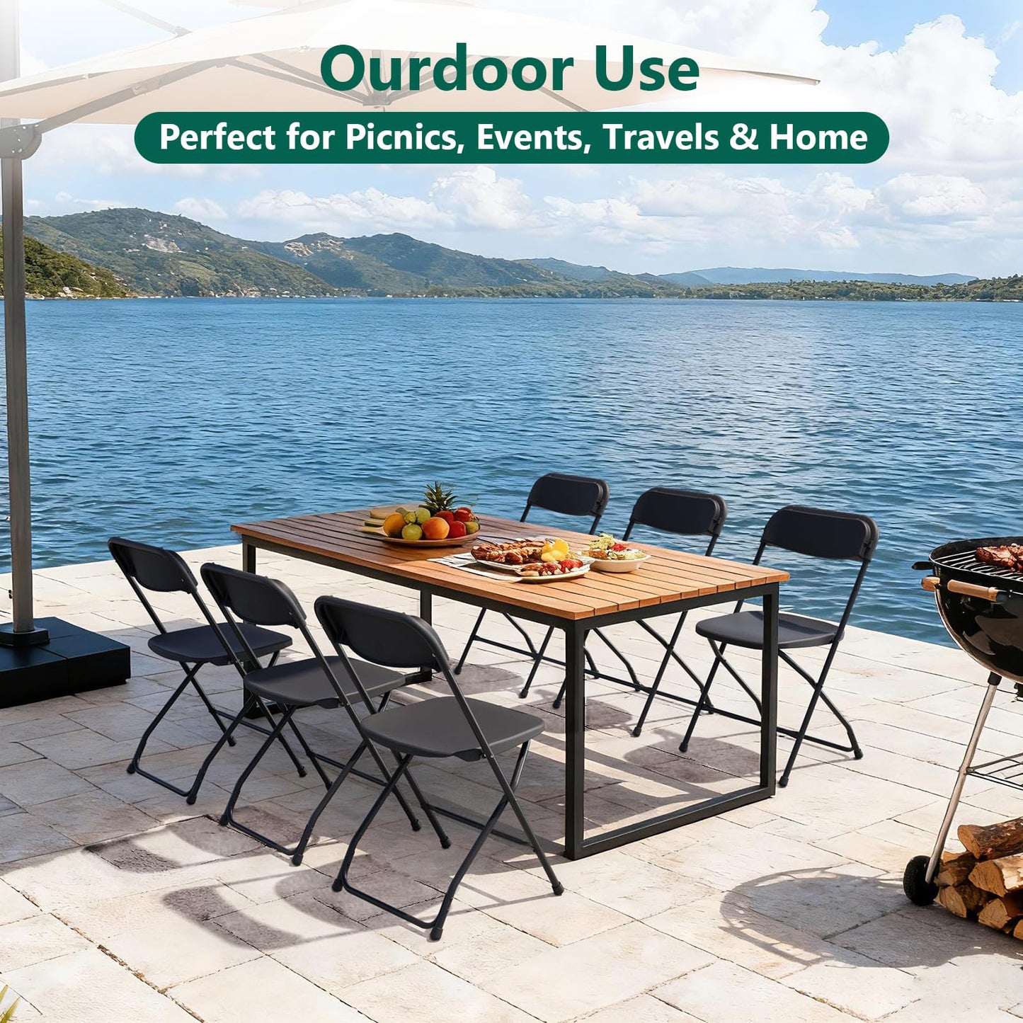 FurniEdge 4 Pack Black Plastic Folding Chairs, Outdoor Portable Folding Chair with Steel Frame, 350lbs Capacity Stackable Foldable Chairs for Patio, Garden, Picnic, Kitchen, Events
