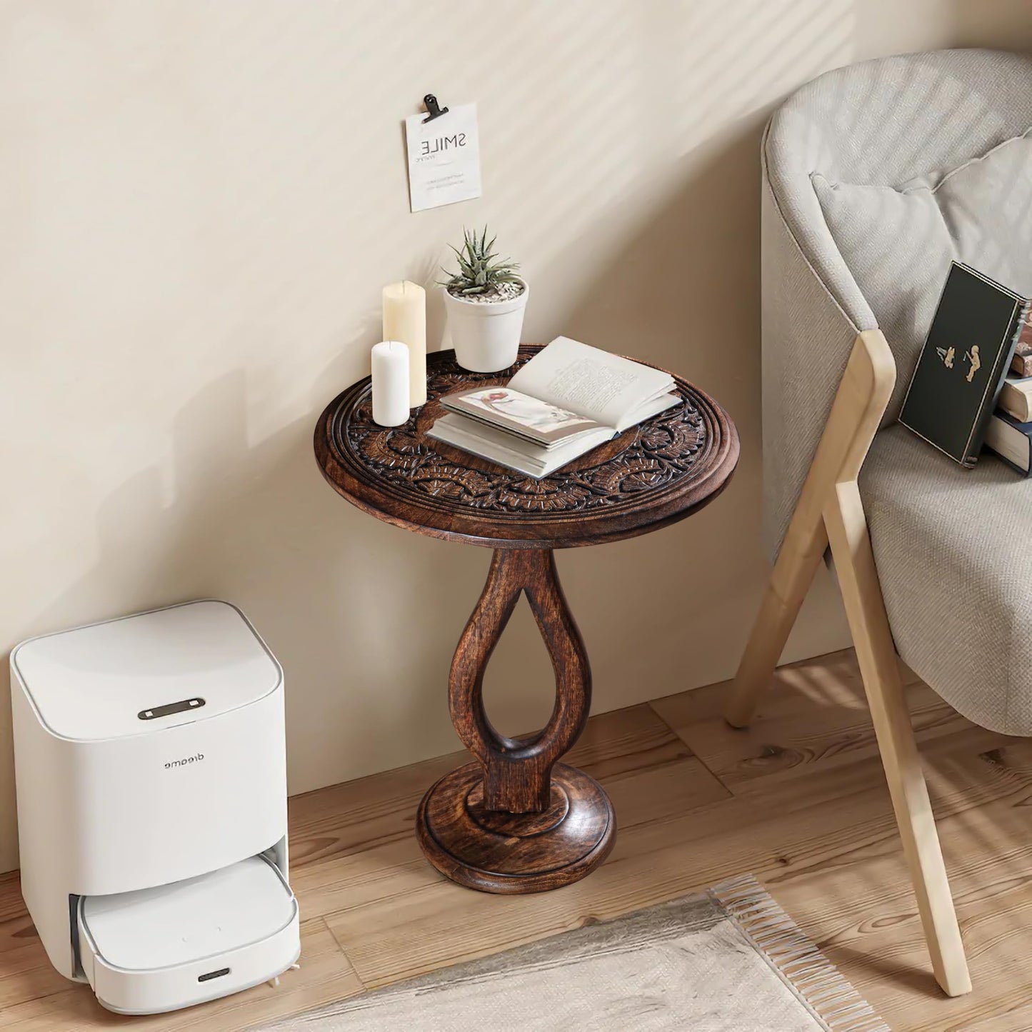 Side Tables Round – Small Drink Table for Small Spaces, Modern Accent Nightstand with Hand-Carved Top & Solid Wood Tables for Living Room, Bedroom, Office – Burnt Finish_18x22 Pride Styles