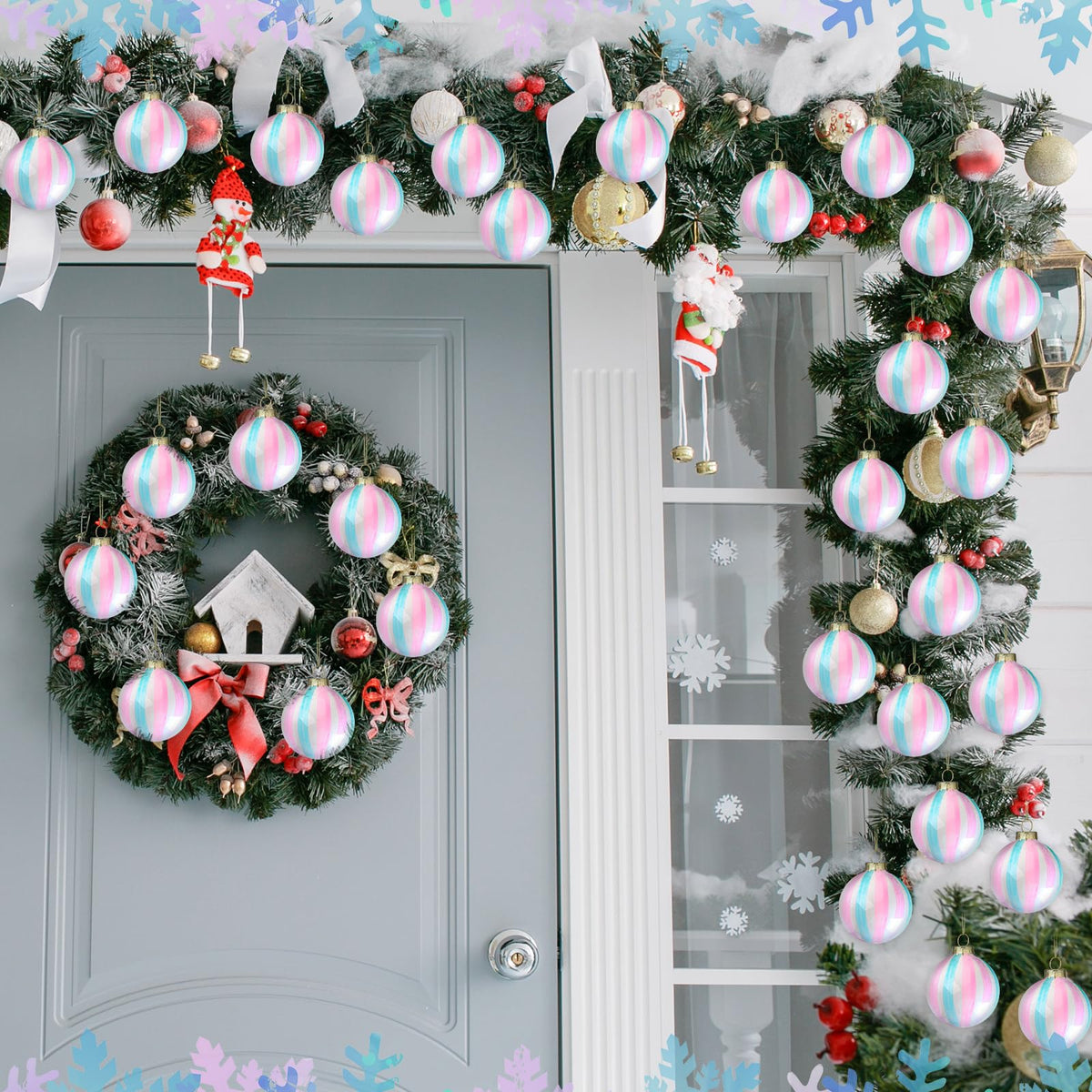 Jenaai 10 Pcs Easter Pastel Ball Ornaments 2.36 Inch Iridescent Glass Hanging Ball Decor Easter Pink Blue Striped Pendant for Christmas Tree Fireplace Window Weddings Birthday Holiday Party