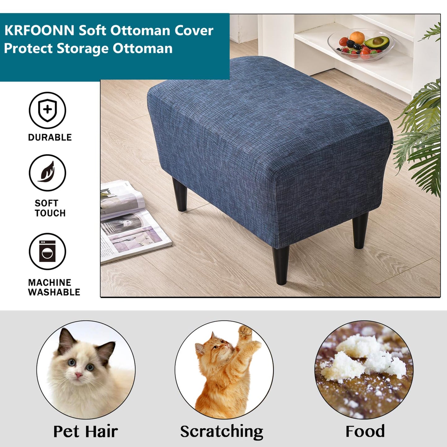 KRFOONN Ottoman Slipcovers Stretch Rectangle Footrest Stool Covers Printed Ottoman Cover for Foot Stool Furniture Protector with Non Slip Elastic Bottom(23, X-Large)