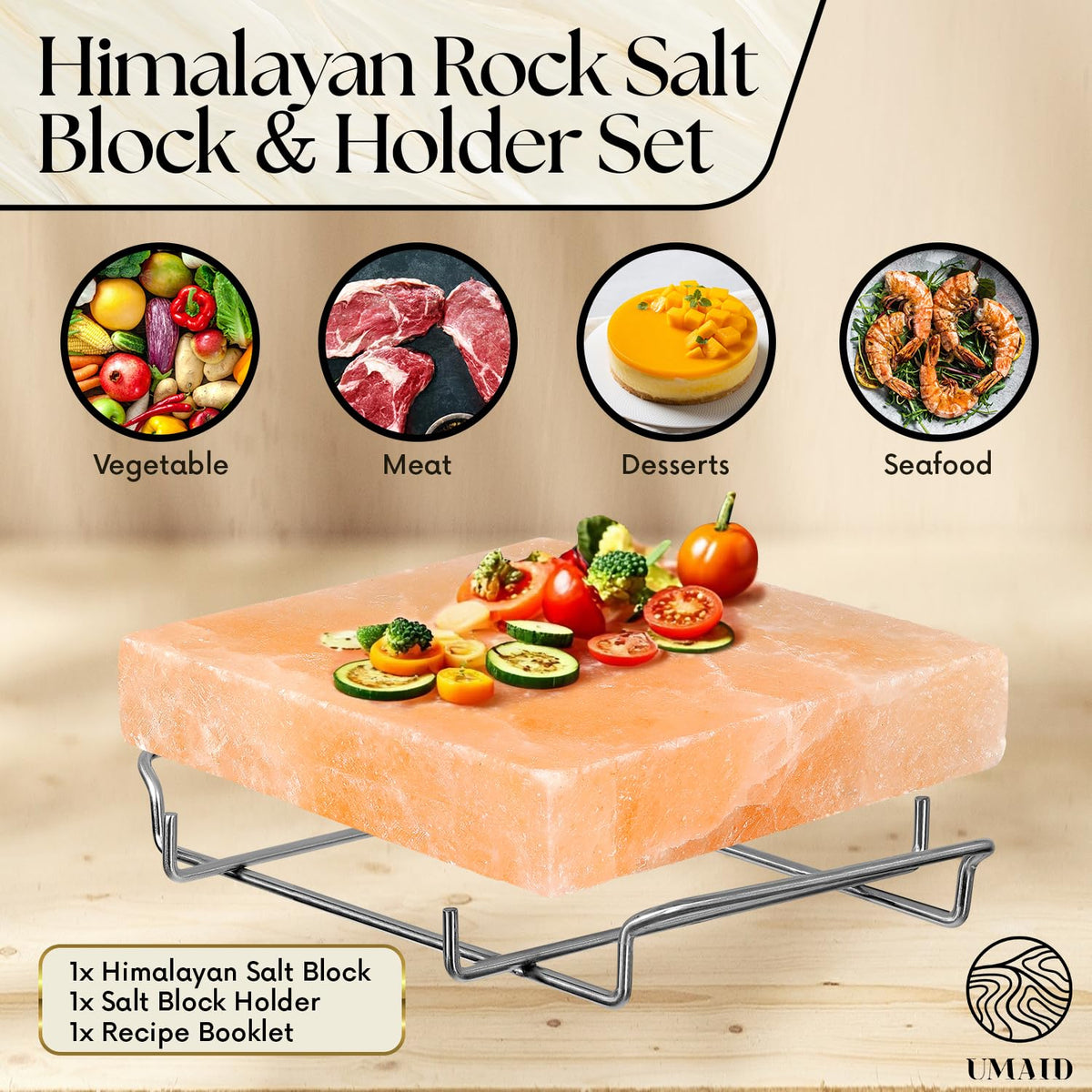 UMAID Himalayan Salt Block Cooking Plate 8x8x1.5 – Food Grade Pink Himalayan Salt Stone for Cooking, Salt Block for Grilling, Serving & Food Presentation – Includes Stainless Steel Tray & Recipe Booklet – Unique Gifts for Men & Dad Gifts for Fathers Day