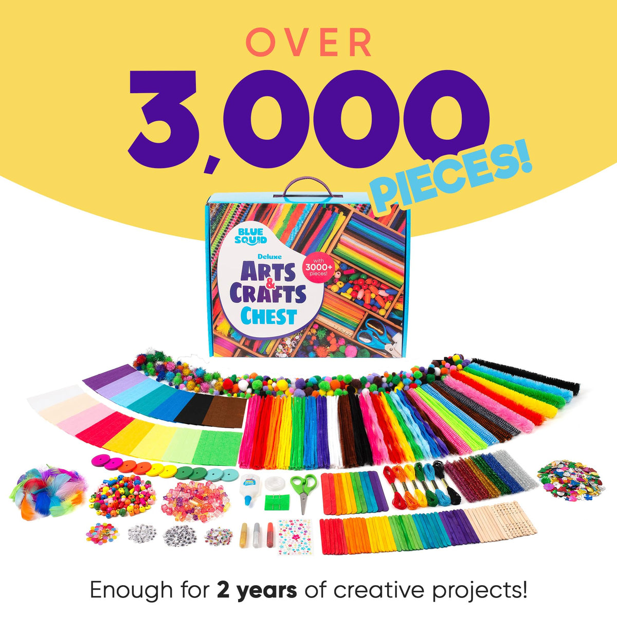 Blue Squid 3000+ pcs Arts and Crafts Supplies for Kids | Craft Kit Box for Kids Age 4-5, 4-8, 6-8, 8-12 | Craft Supplies & Materials Crafts Set Toys Art Box Gifts for Girls Boys Bulk Art Kit