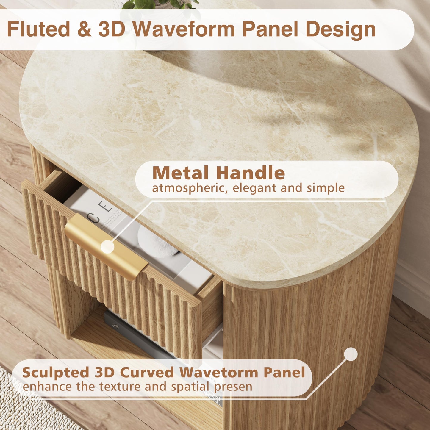 Fluted Nightstand with Faux Marble, 23.6" Large Bedside Side Table with Drawer, Wood End Table with Storage, Curved Round Corner, Furniture Bedroom Sofa, Mid Century Modern, Boho,Oak, Marble