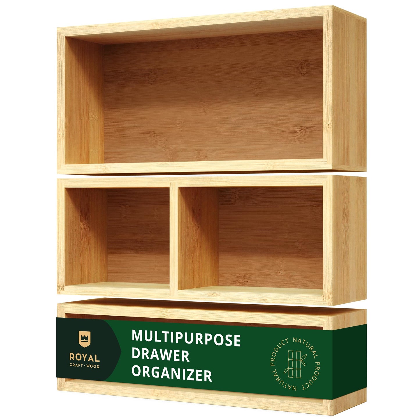 ROYAL CRAFT WOOD Luxury Bamboo Drawer Organizer Storage Box, Bin Set - Multi-Use Drawer Organizer for Kitchen, Bathroom, Office Desk, Makeup, Jewelry (3 Boxes)