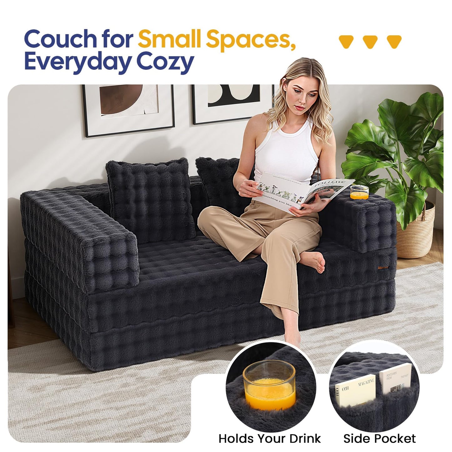 COMAX Futon Sofa Bed, 4‑in‑1 Convertible Sofa Bed, Folding Boneless Couches for Living Room, Fold Out Small Foldable Loveseat Floor Sleeper Comfy Mattress Lounge Space‑Saving, Ash Gray