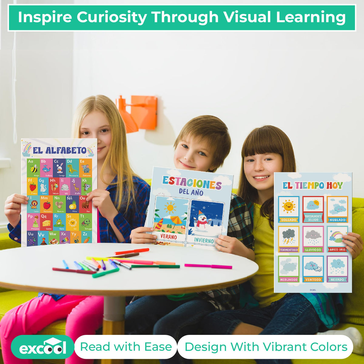 EXCOOL CLUB 32 Spanish Classroom Posters For Elementary - Colorful Bilingual Educational Posters For Toddlers 1-3, Laminated Learning Poster Preschool Must Haves, Abecedario Para Niños En Español