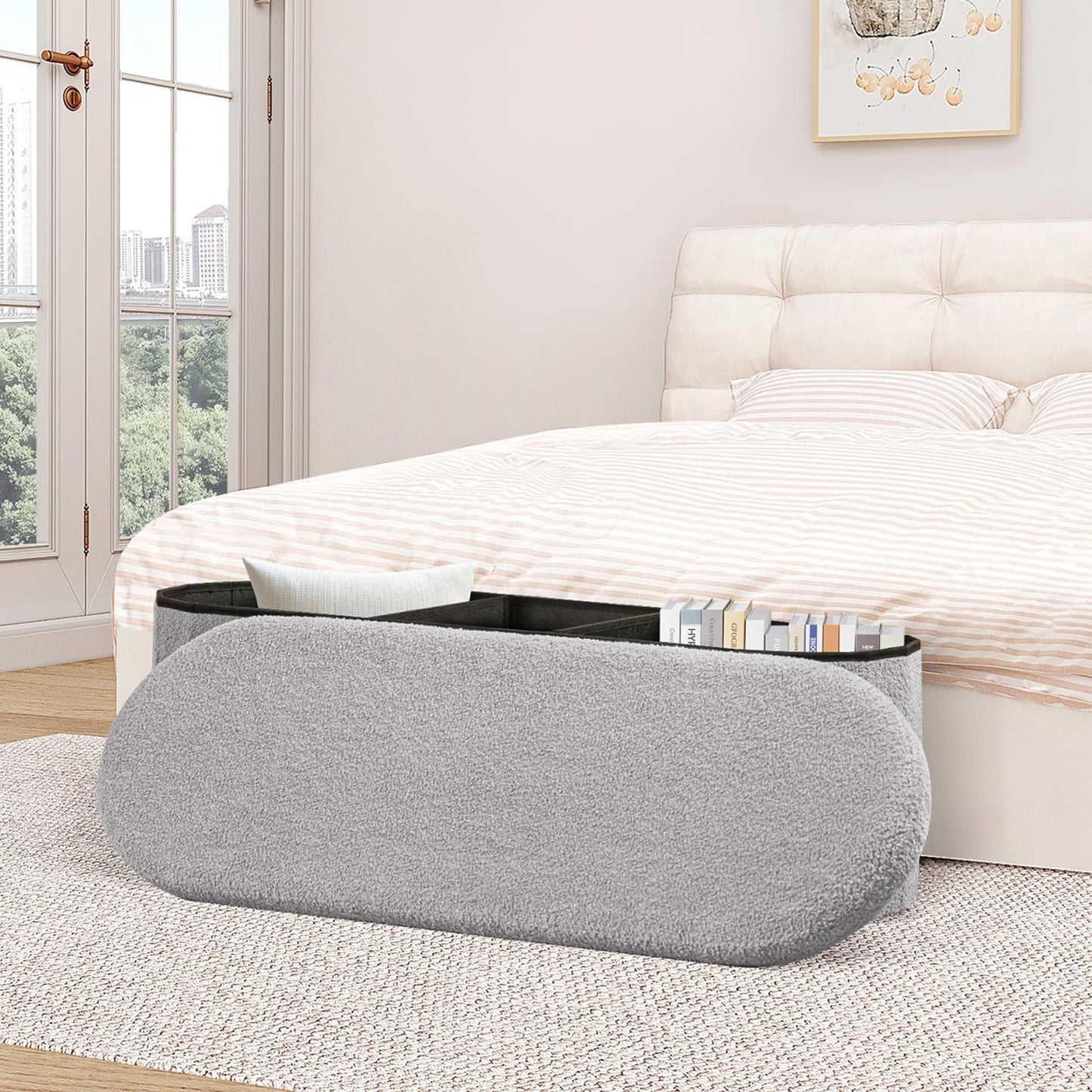 B FSOBEIIALEO Ottoman with Storage for Living Room, Sherpa Folding Storage Ottoman Foot Rest, 43.3 Inches Collapsible Bedroom Bench Grey