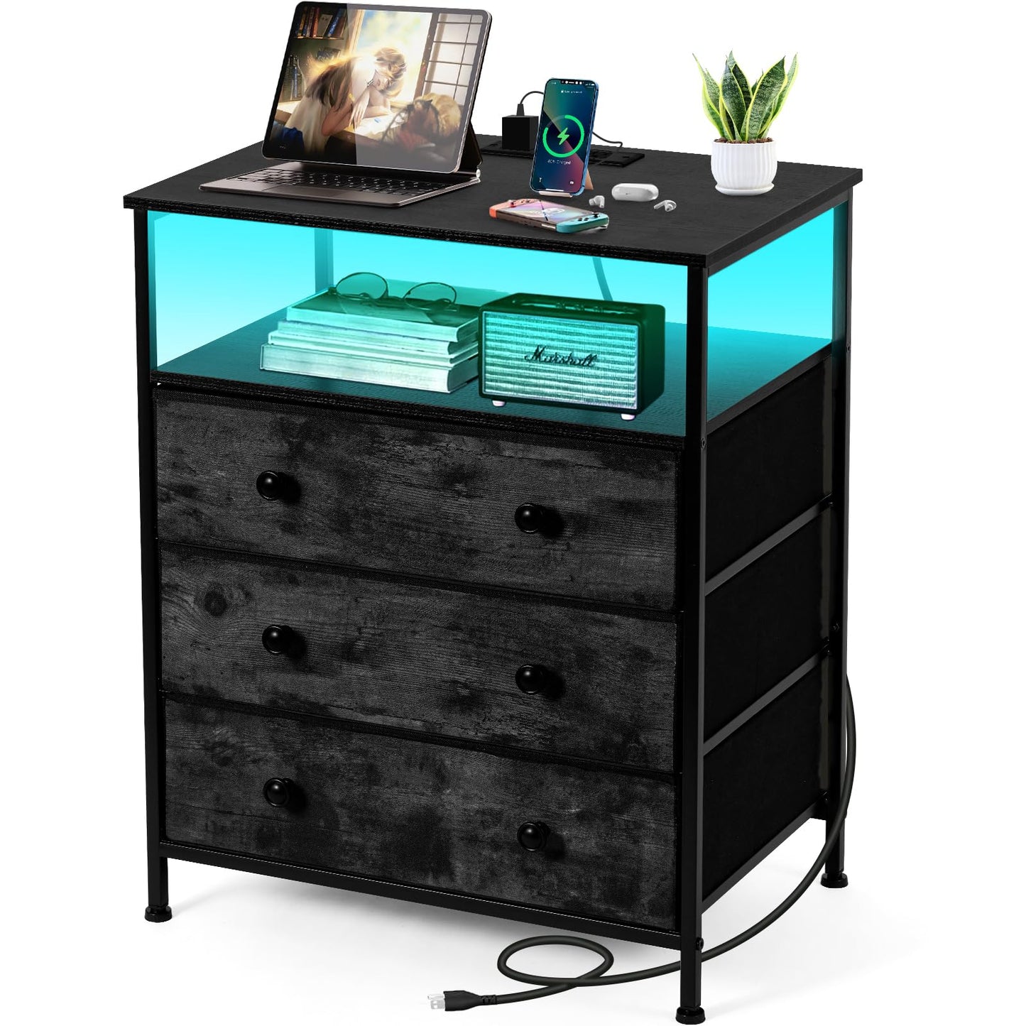 PATAVOT 3 Drawers Dresser with Charging Station, 24 Inch Wide LED Night Stand with Adjustable Fabric Drawer, Nightstand with Storage Shelf for Living Room/Bedroom/Office, Black.