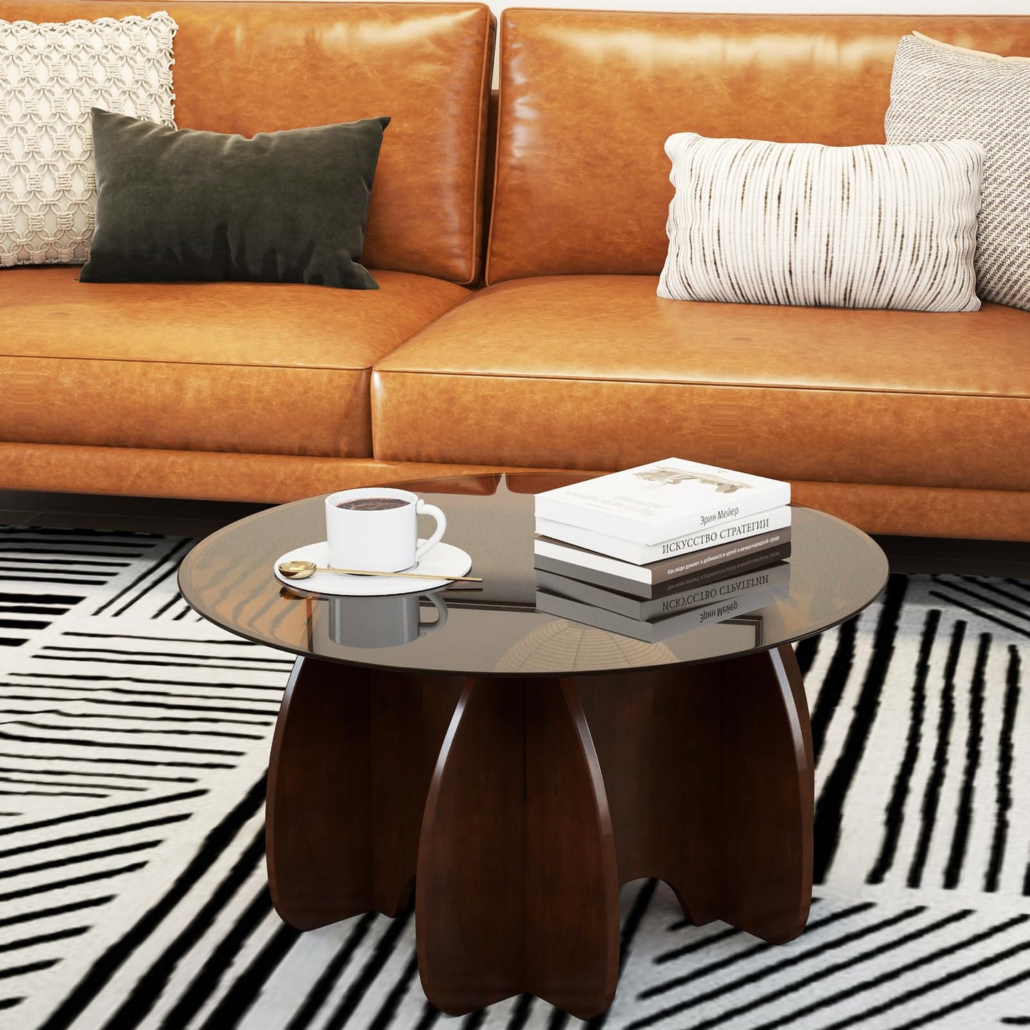 RUBAPOSM Round Glass Coffee Table - 30 Inch Diameter Brown Tempered Top with Walnut Solid Wood Legs - Modern Mid Century Center Trestle for Living Room Small Spaces and Minimalist Home Decor Furniture