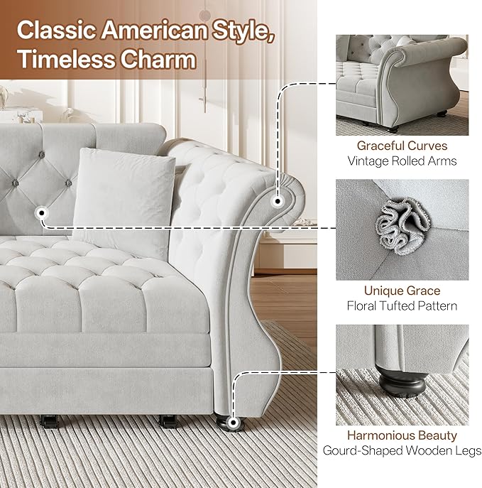 97.6" Oversized Pull Out Sofa Bed, Chesterfield Velvet Sleeper Sofa Couch