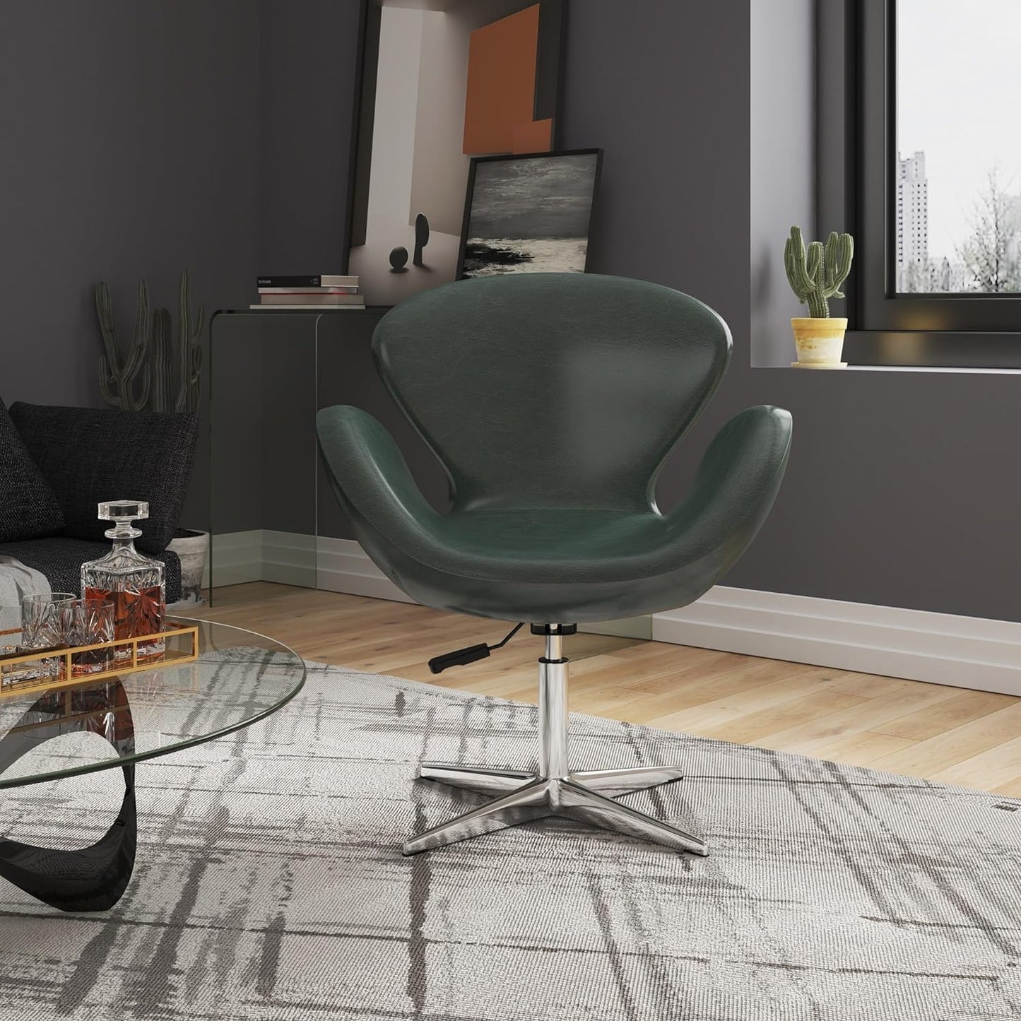 Manhattan Comfort Raspberry Adjustable Swivel Accent Chair Set of 2 with 360° Turn, Polished Chrome Base, Modern Retro Design, Ideal for Living Room and Home Office, Forest Green Faux Leather