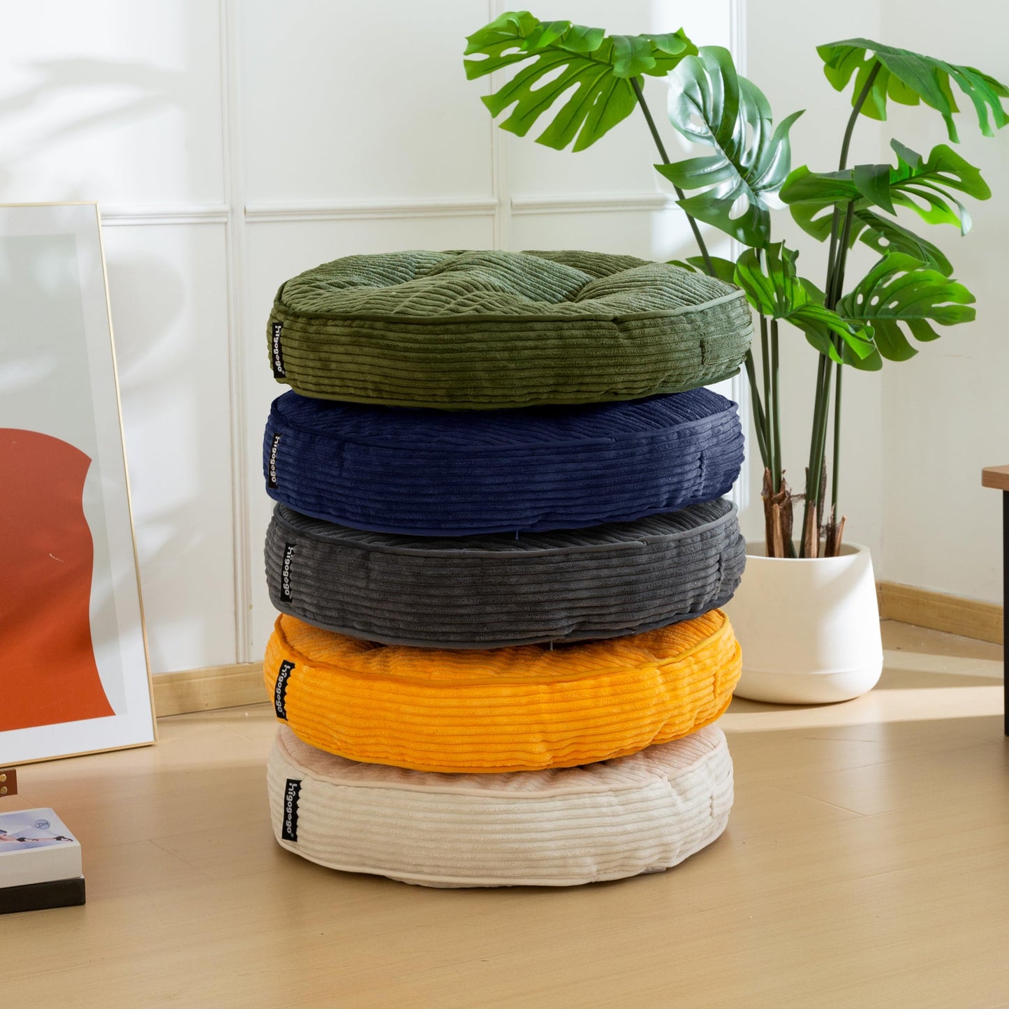 HIGOGOGO 4" Floor Pillow Cushion for Adults, Meditation Cushion Pillow, Large Round Floor Sitting, Tufted Corduroy Cover, for Tatami Living Room or Yoga, 22x22 Inch, Dark Green