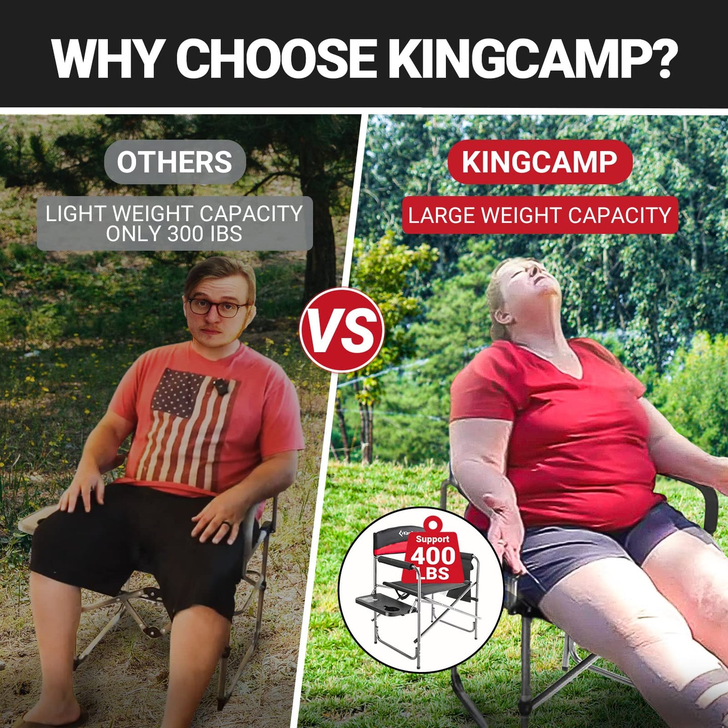 KingCamp Heavy Duty Camping Director Chair, Folding with Side Table & Storage, Red