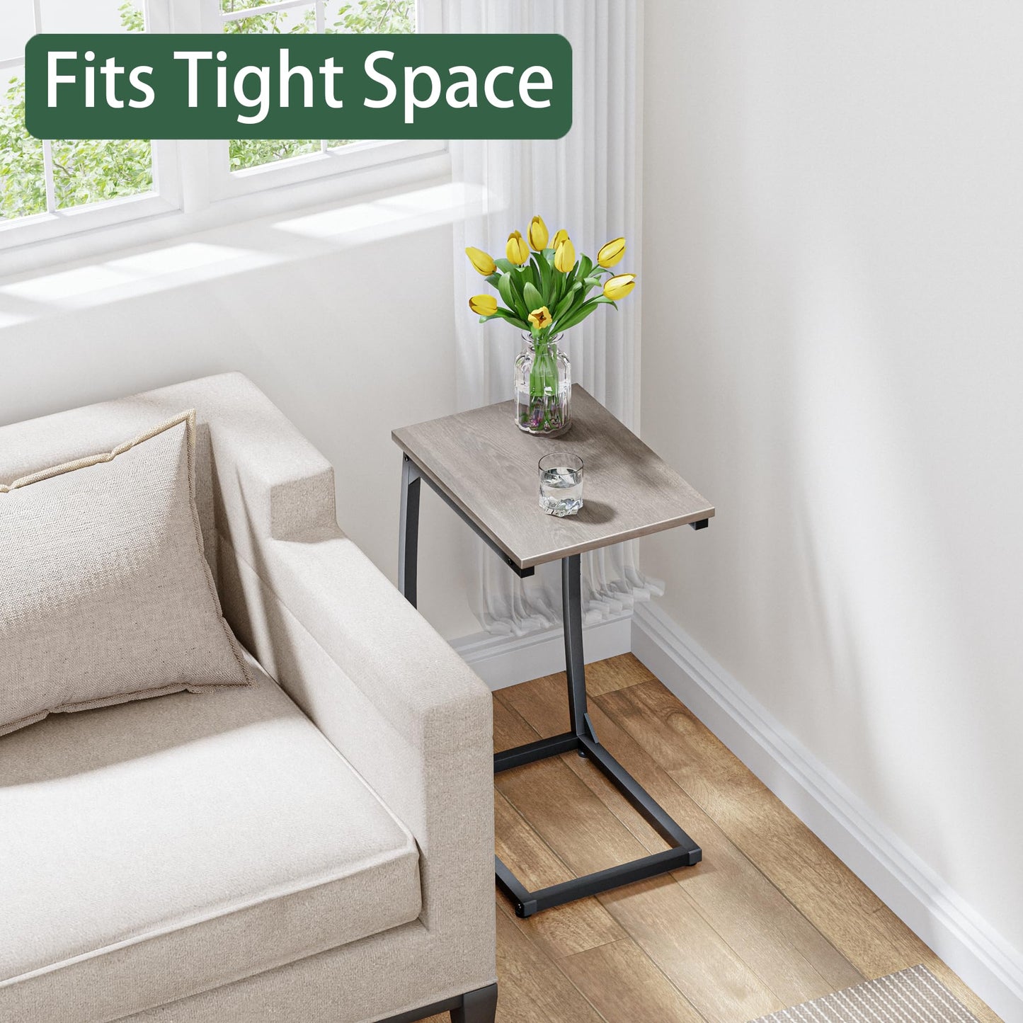 LAKEMID C Shaped End Table Set of 2, Side Table for Couch,Curved Support Legs, Slide Under Couch Table for Sofa, TV Tray Table for Living Room Bedroom（Lvory）