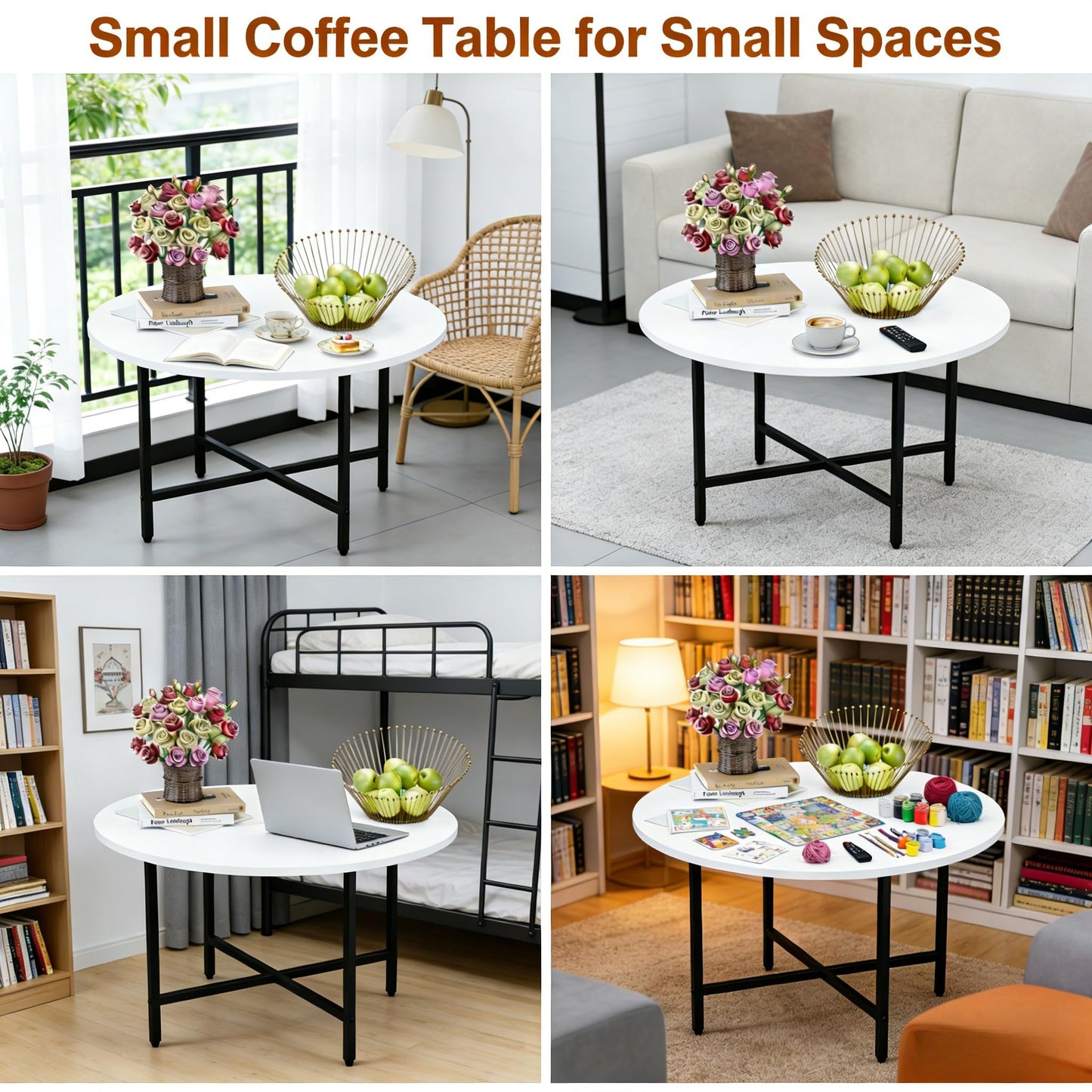 FAMIDGE Coffee Table, 23.6" Coffee Tables for Living Room, Round Coffee Table with Metal Frame, Floor Table for Sitting on The Floor, Home, Office, White