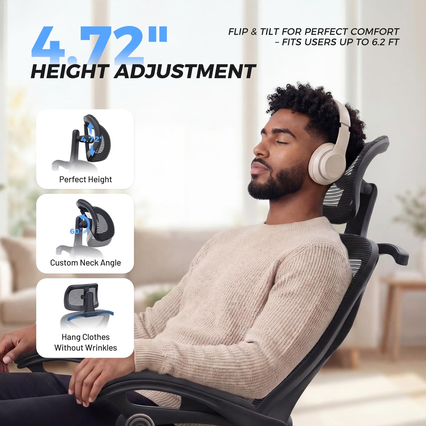 Ergonomic Office Chair - Adjustable Lumbar & Headrest, 90-160° Reclining with Footrest, Breathable Mesh Back - Home Office/Gaming Computer Chair (Modern, Black)