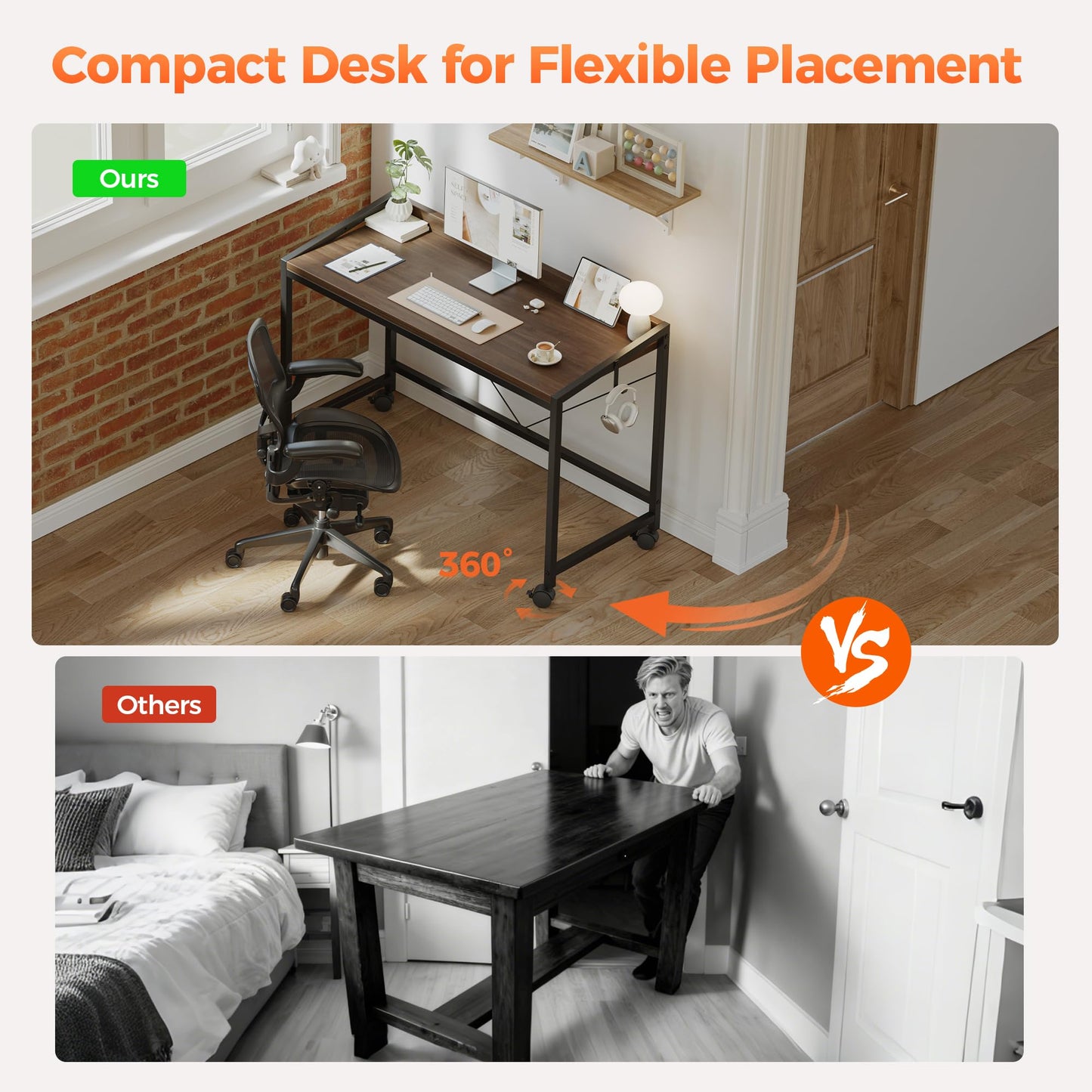 Mericonia 40 inch Rolling Computer Desk with Wheels, Gaming Desk for Small Spaces, Modern Simple Style Table for Home Office, Study Writing Table