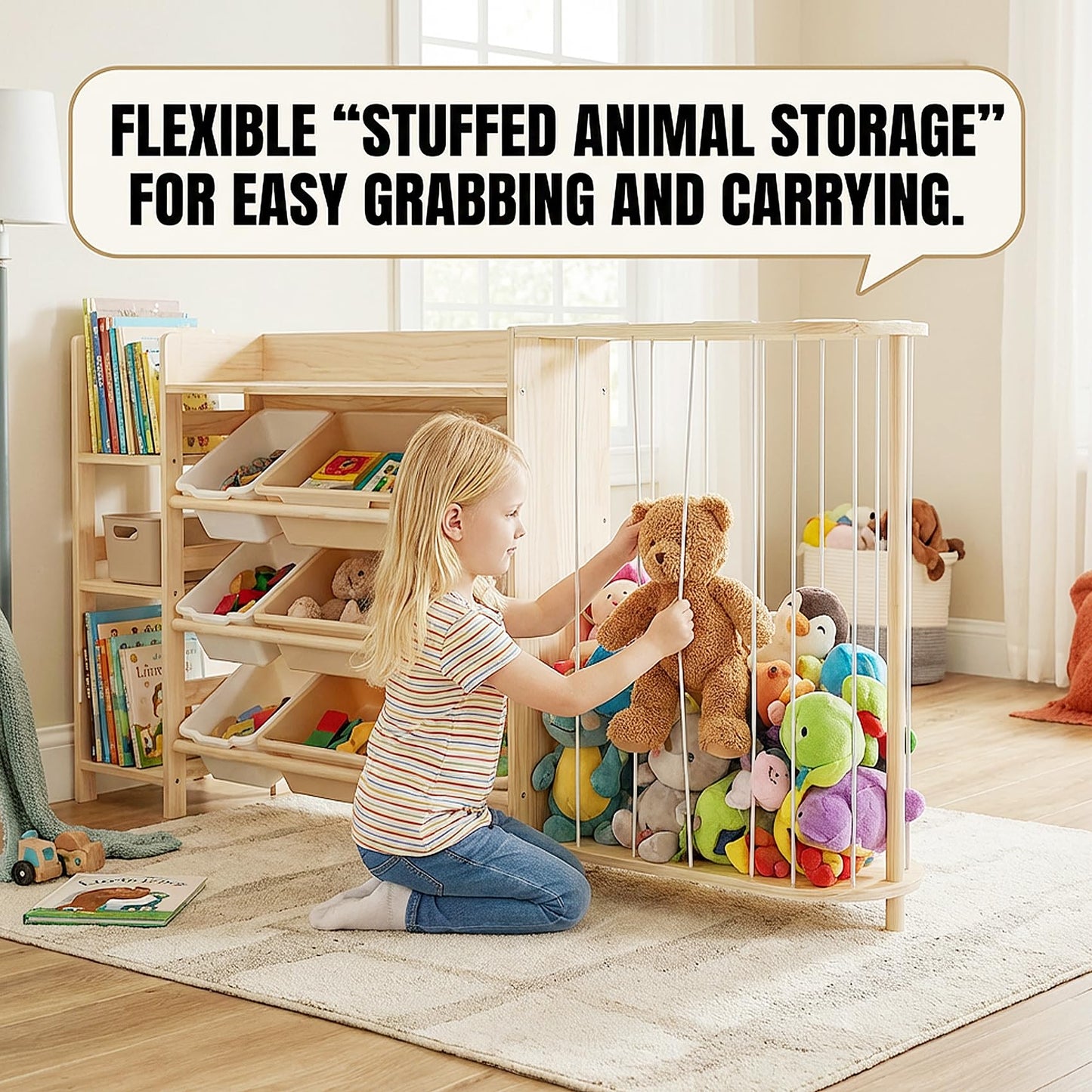 Amdermi Kids Toy Storage Organizer with Bookcase and Stuffed Animal Zoo, 4-in-1 Wooden Multi Bin Toy Shelf for Toddlers, Playroom, Bedroom, Nursery