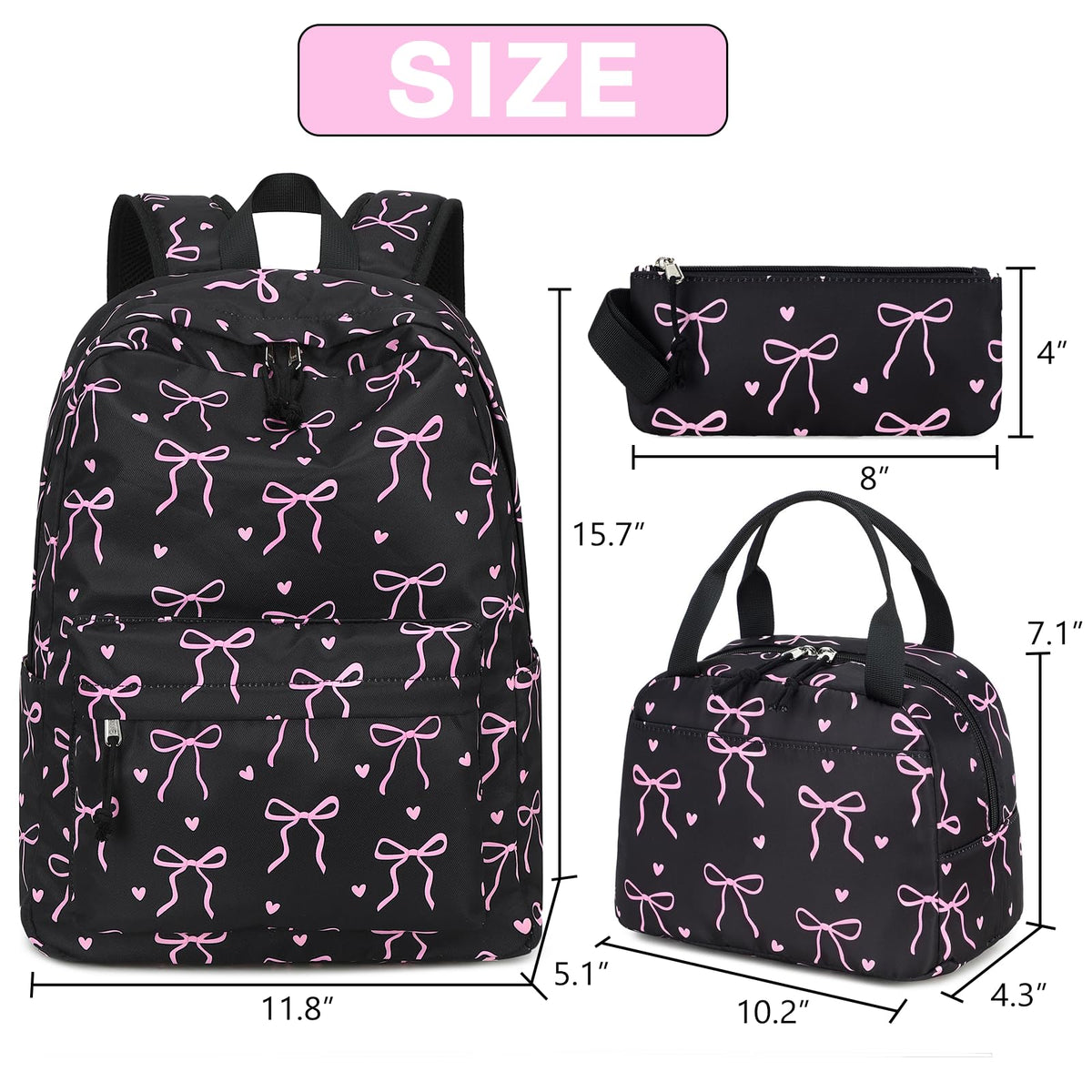 LOIDOU Backpack for Teen Girls Bookbags School Backpack with Lunch Box and Pencil Case 3 in 1 School Bags Set (Black Bow-Tie)