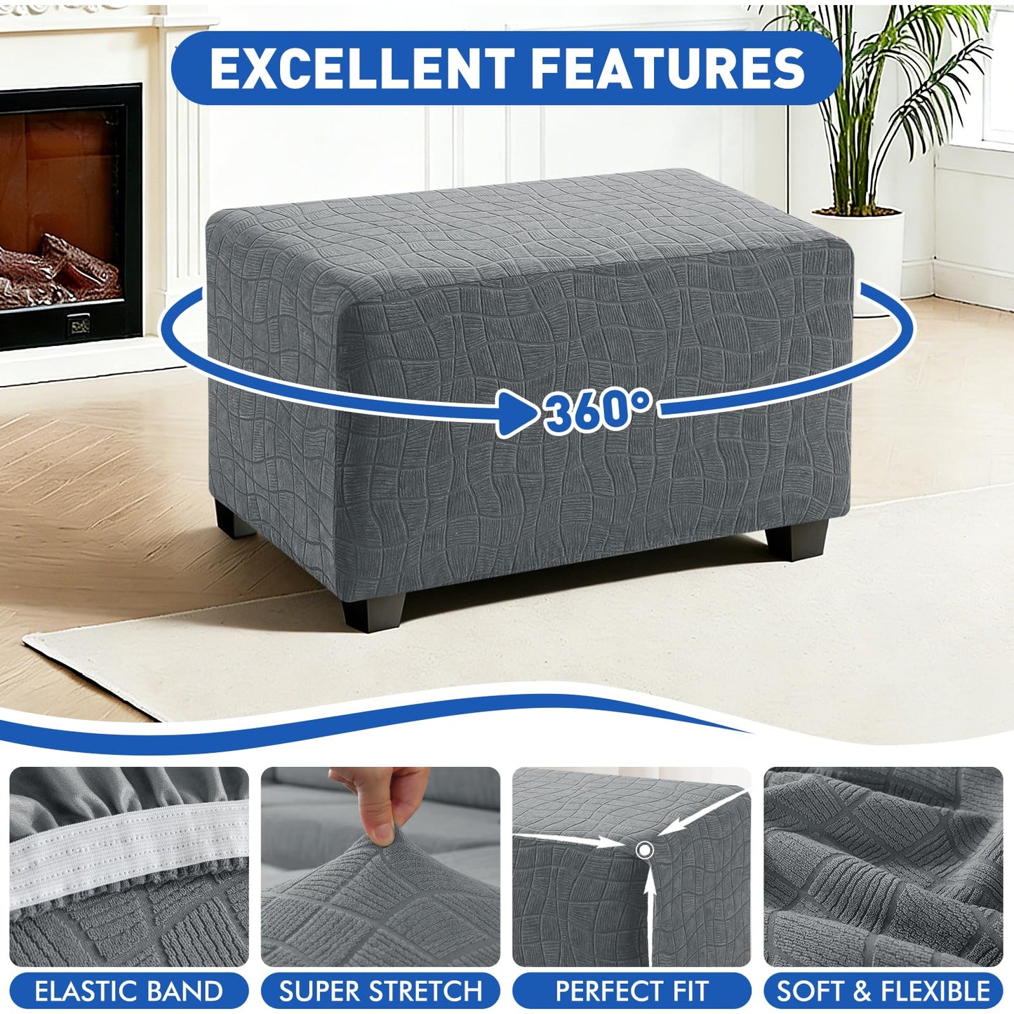 MAXIJIN Waterproof Ottoman Cover Rectangle Stretch Ottoman Slipcovers Square Thick Stool Covers Storage Footrest Furniture Protector with Non-Slip Elastic Bottom (Small, Light Gray)