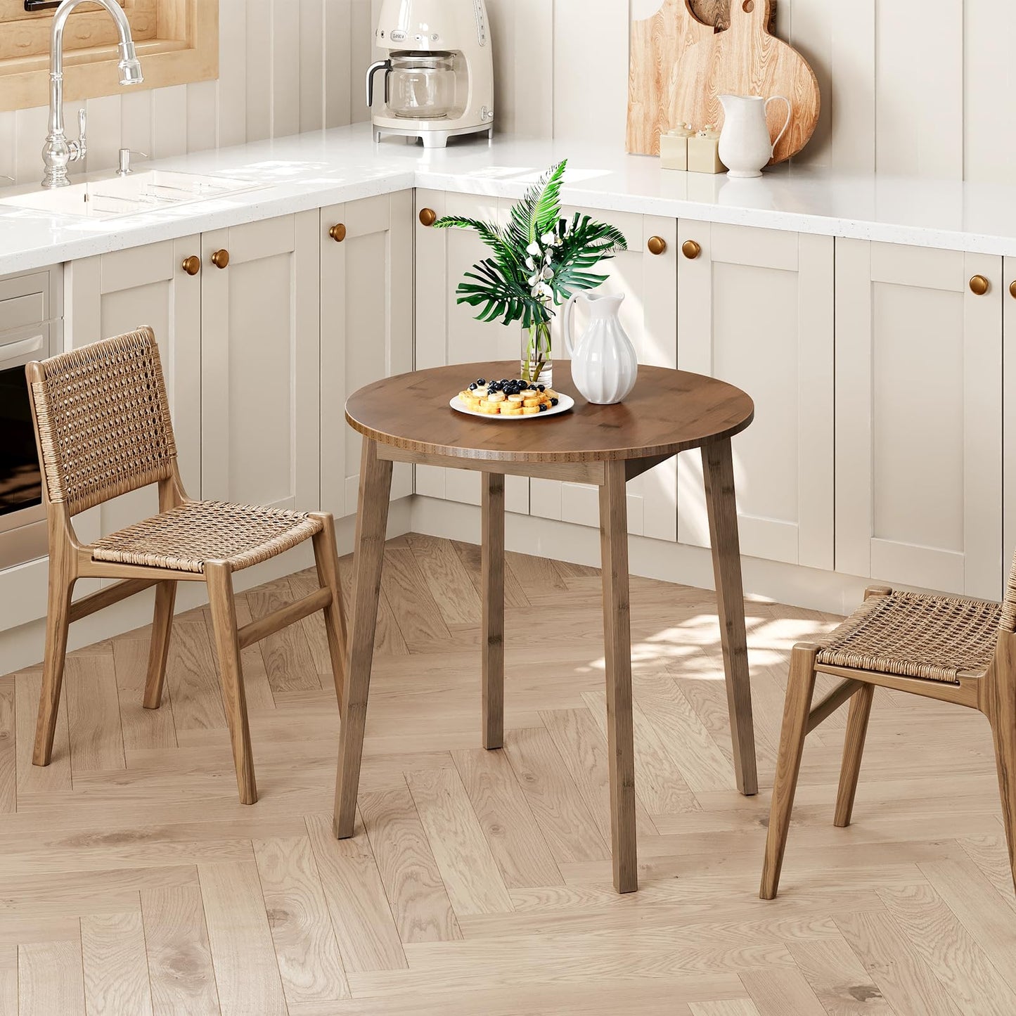 HOOBRO Bamboo Dining Table, Round Dining Table for 2, 27.5" Kitchen Table for Small Space, Writing Table, Easy to Assemble, for Dining Room, Living Room, Office, Kitchen, Apartment, Brown BR71CZ01G1