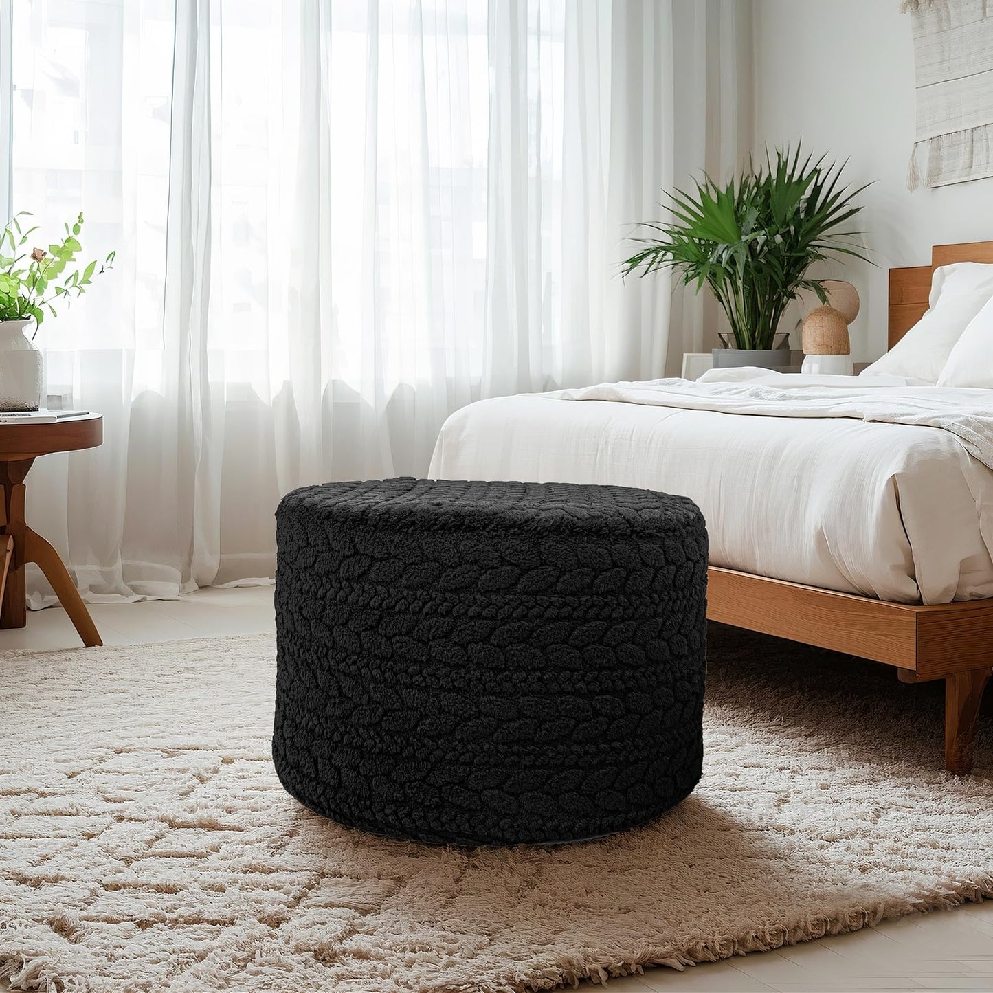 Round Pouf Ottoman 20 x 20 x 14 Inches Boho Poof Home Decor Floor Pouffe Ottoman Foot Rest for Couch Sofa Bean Bag Chairs Living Room Bedroom (Black)