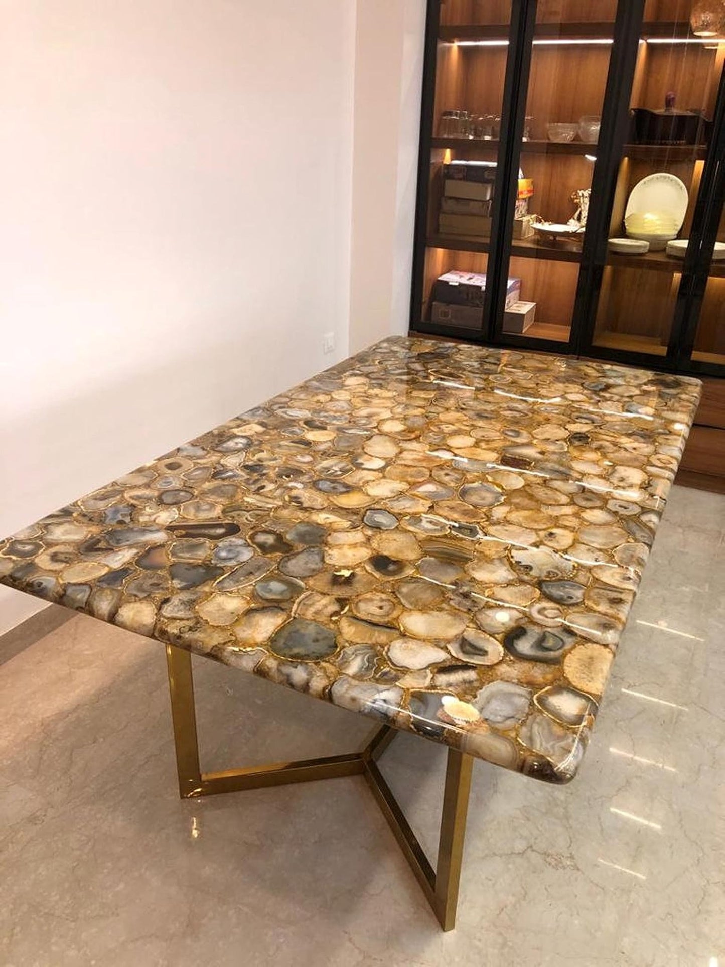 Epoxy Agate Coffee Table Top with Geode Pattern 16 x 16 Inches Yellow Agate Restaurant Side Table from Indian Handicrafts