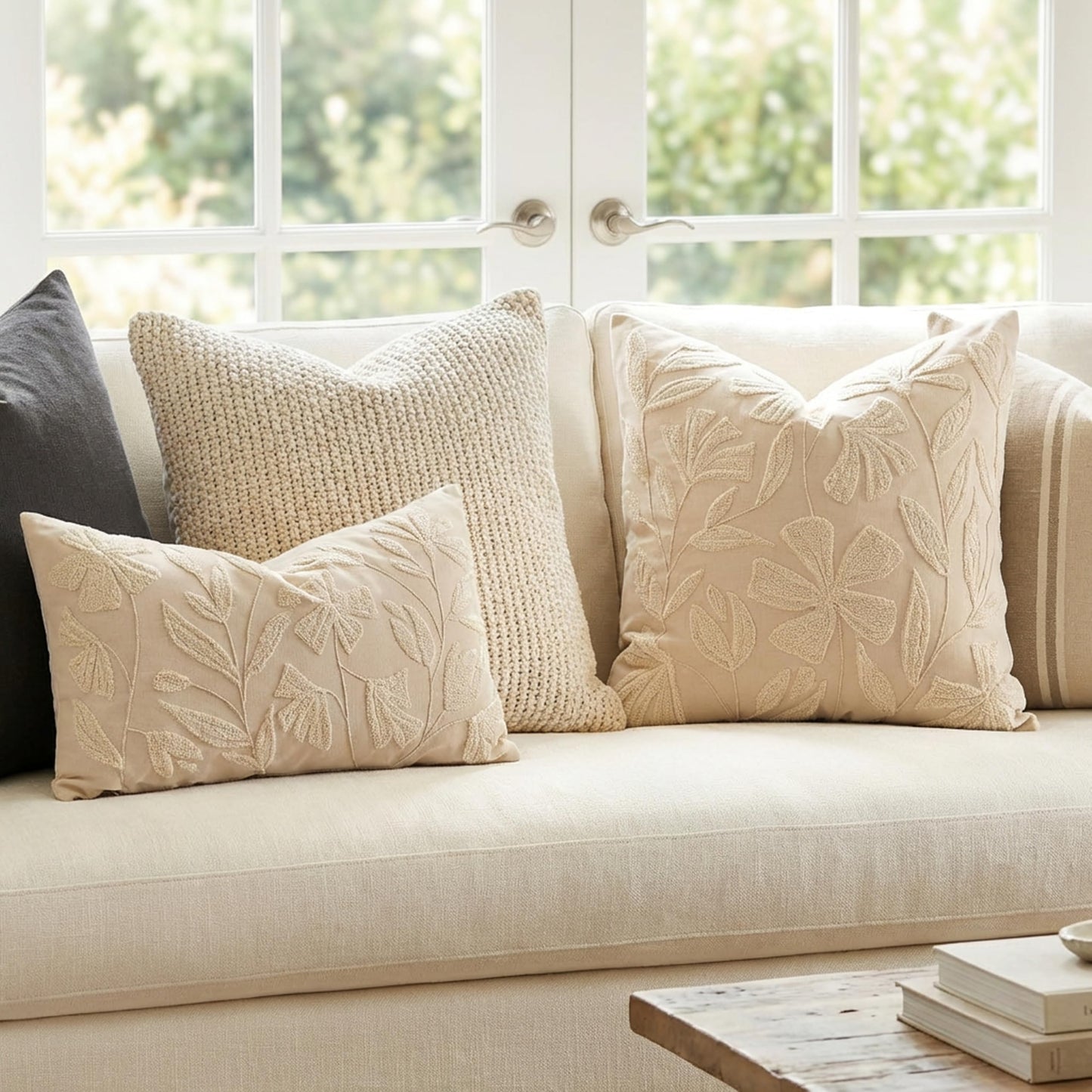 BlissBlush Decorative Throw Pillow Cover 20x20, Beige Neutral Velvet Accent Cushion Cover for Couch Sofa Living Room, Floral Tufted Square Pillowcase (Cover Only)