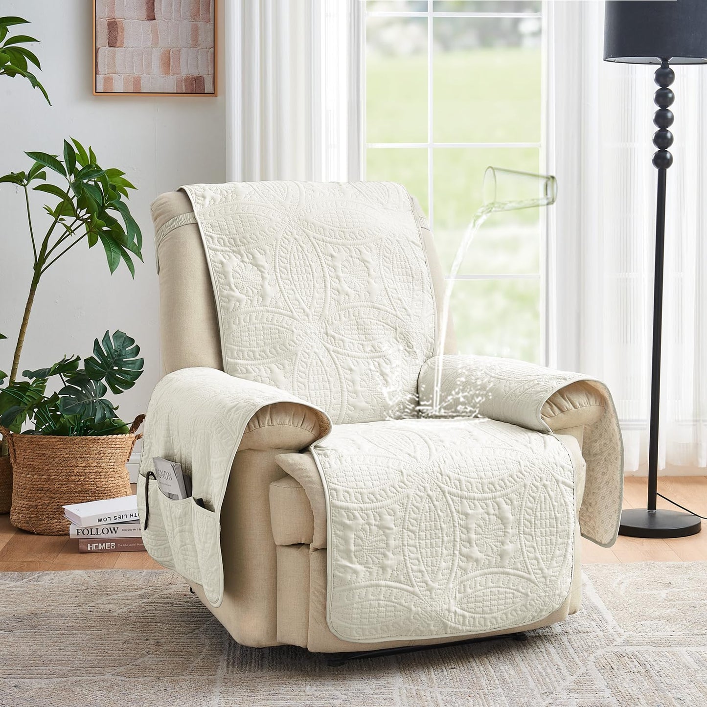 Pamhaven Ivory Recliner Chair Covers, Quilted Décor Water-Repellent Medium Lazy Boy Chair Covers, Pet Friendly Recliner Cover for Dogs Cats, Washable Couch Cover (Recliner 26", Ivory White)